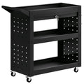 Tool Cart with Lockable Wheels, Rolling Workshop Cart with 3-Tier Trays, Drawer, Pegboards, Black