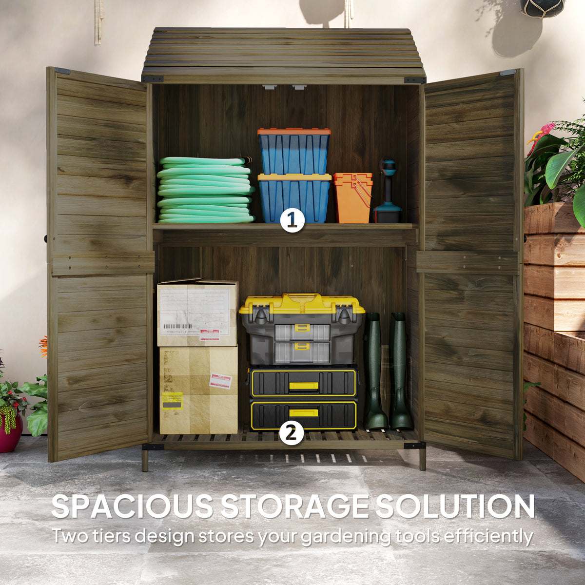 Two-Tier Wooden Garden Storage Shed with Shelves - Green