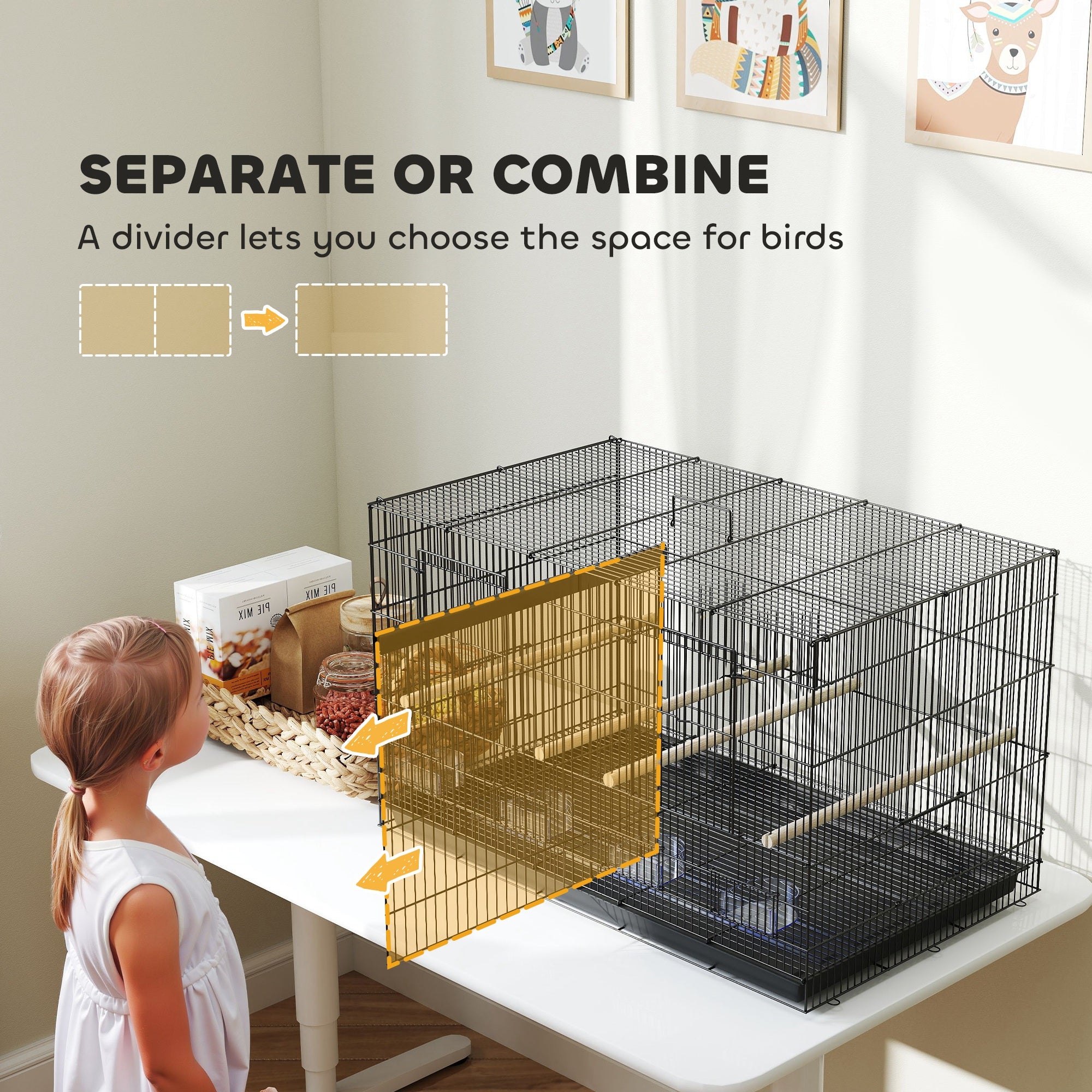 Bird Cage with Divider, 4 Perches & Feeders, Slide-Out Tray, 76x46x46cm for Budgie, Lovebird, Canary - Black