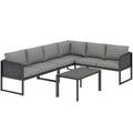 6 Seater Metal Garden Furniture Corner Sofa Set with 3 Loveseats, Faux Wood Table, Texteline Seat, Cushions, Dark Grey
