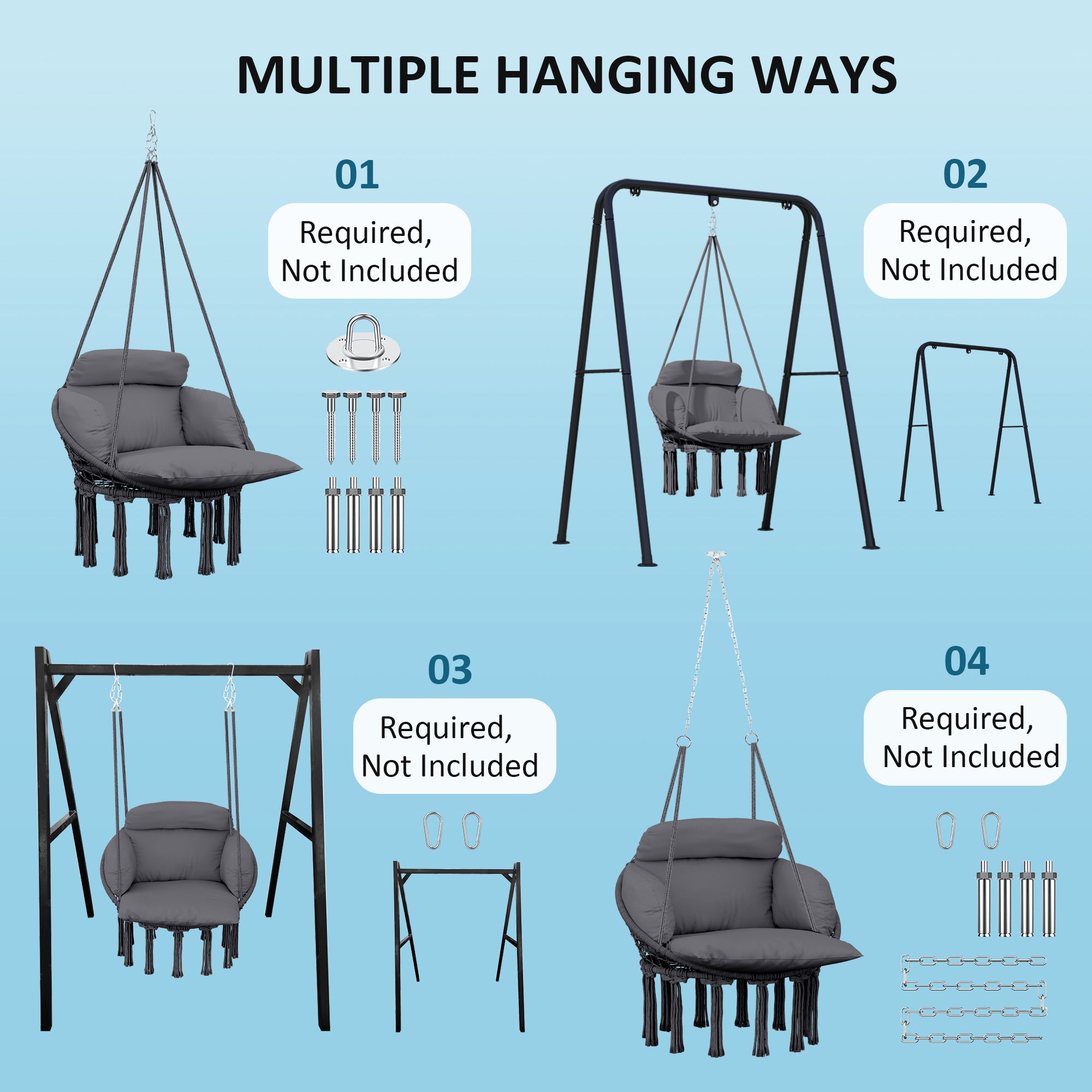 Hanging Hammock Chair with Soft Cushion Set and Steel Frame - Dark Grey