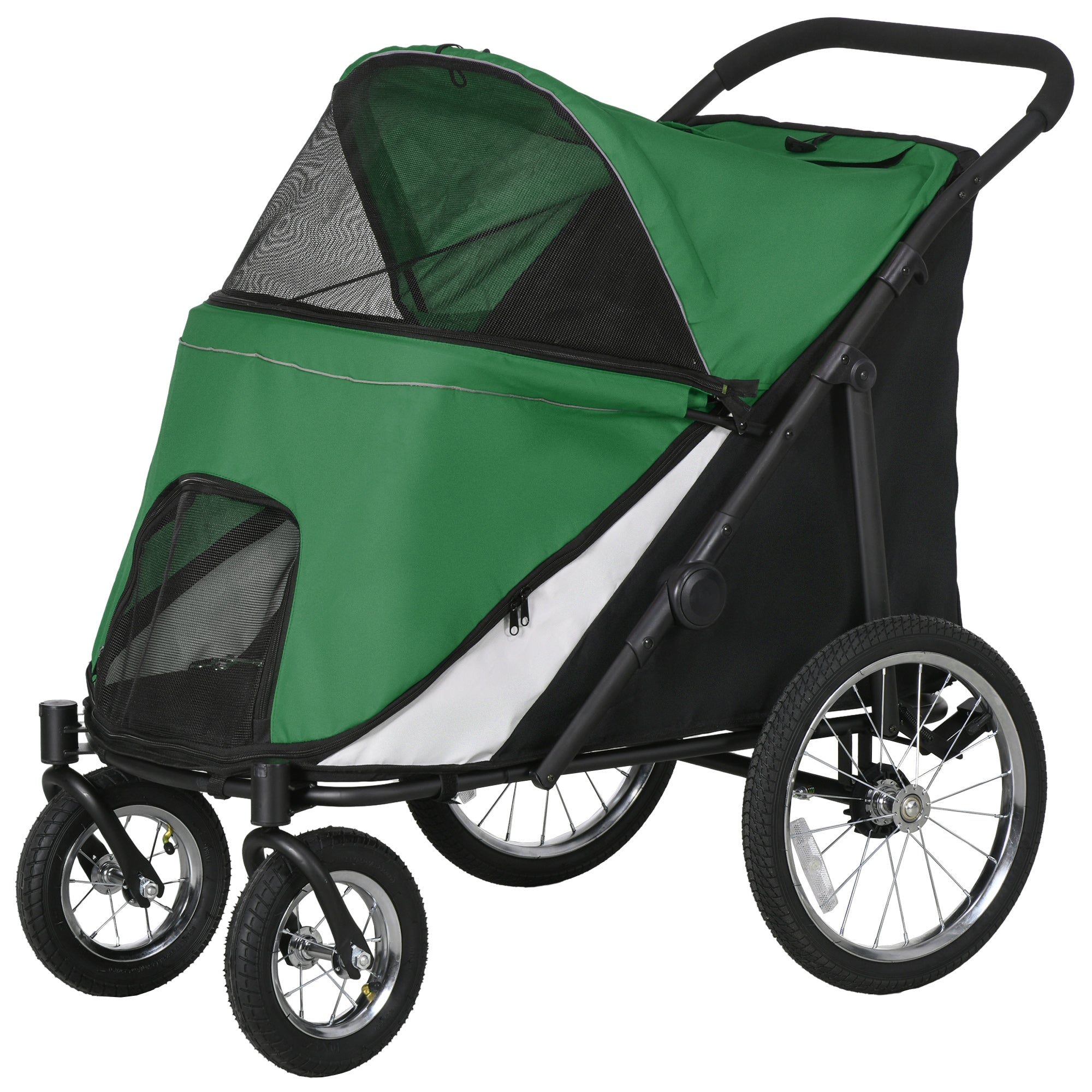 Foldable Pet Stroller, with Washable Cushion, Storage Bags, Safety Leash, for Medium, Large Dogs, Catts, Travel - Green