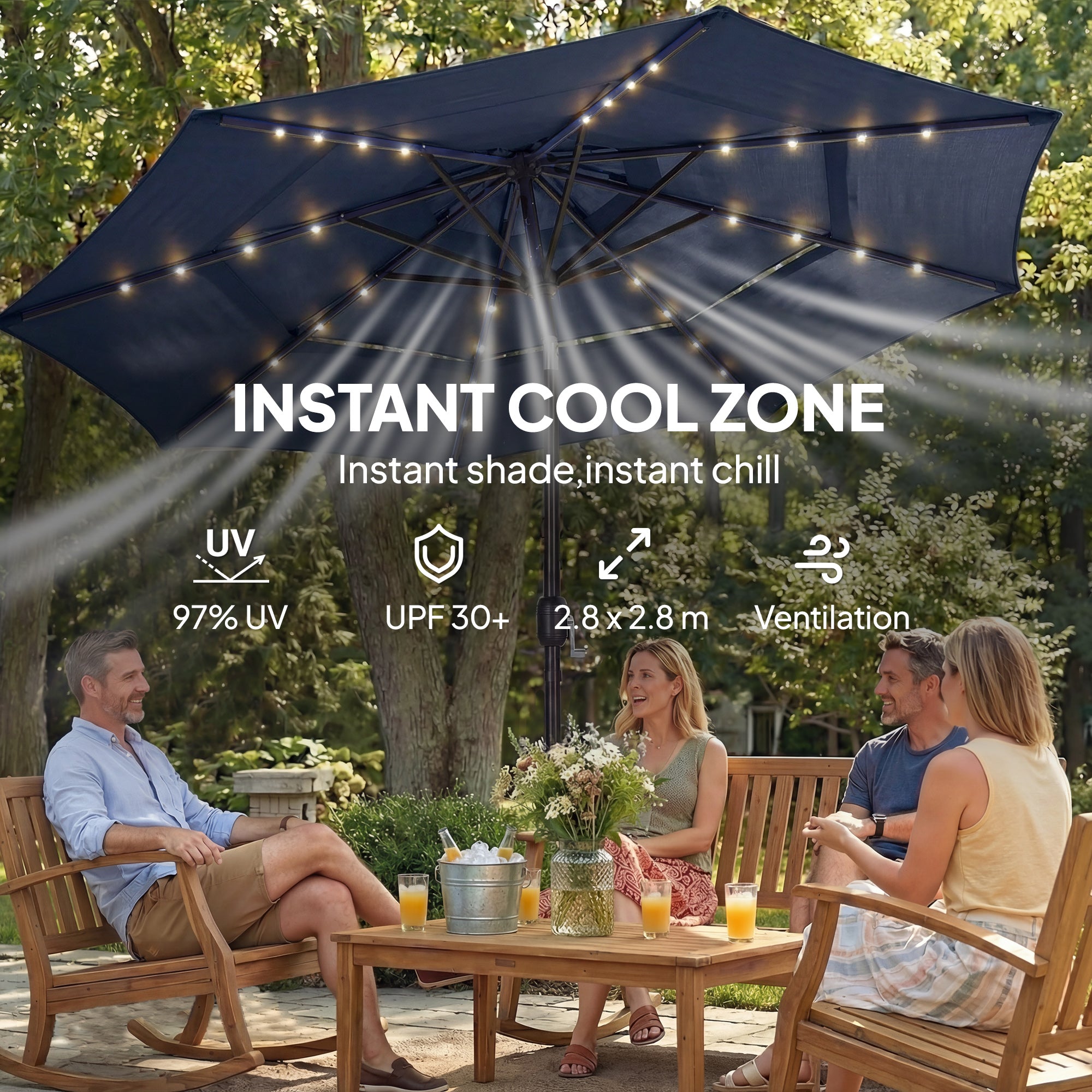 2.8 m Garden Parasol Umbrella with LED Solar Light, Parasol Cover, 3 Tier Outdoor Table Market Patio Umbrella, Navy Blue