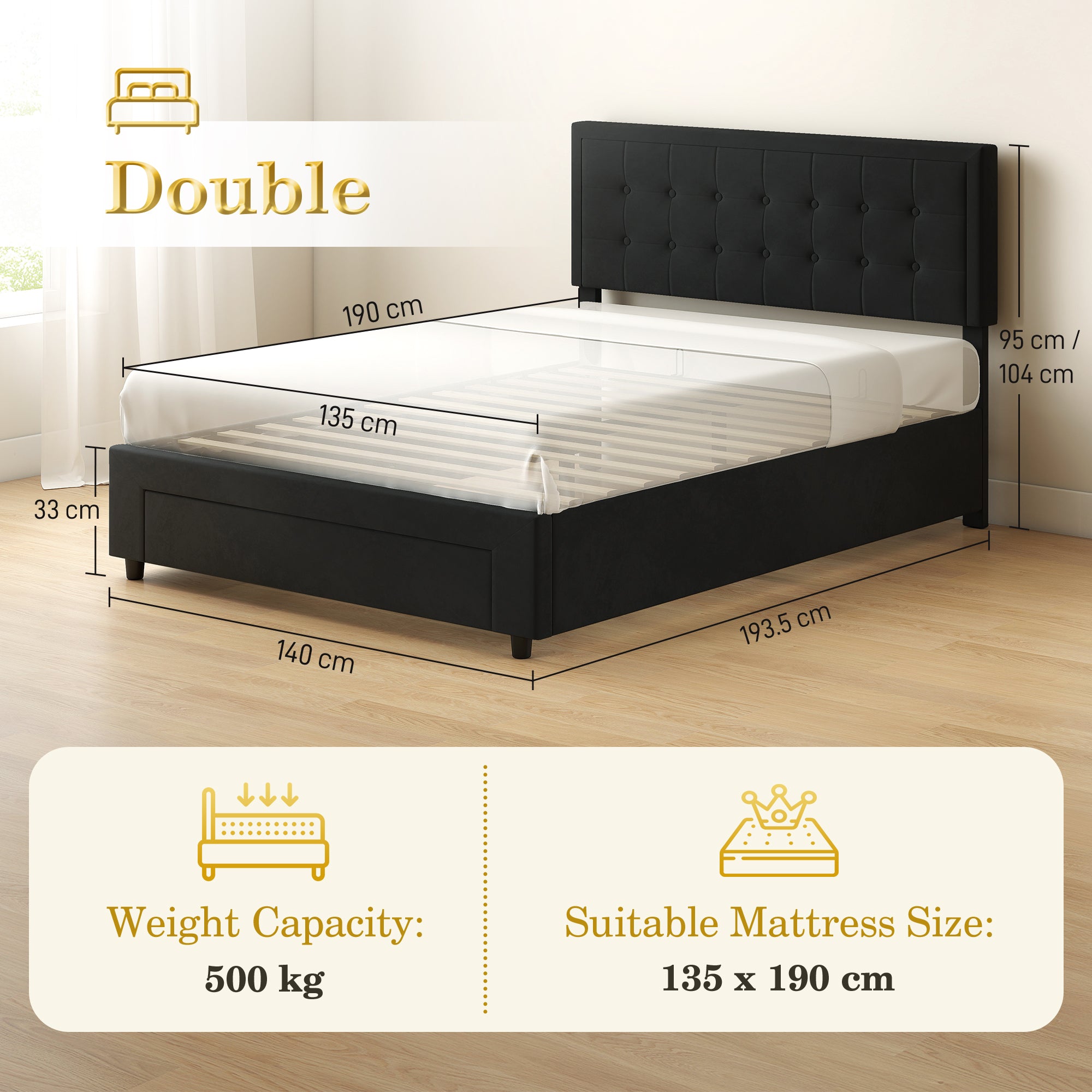 Double Ottoman Bed Frame, with Front Drawer - Black