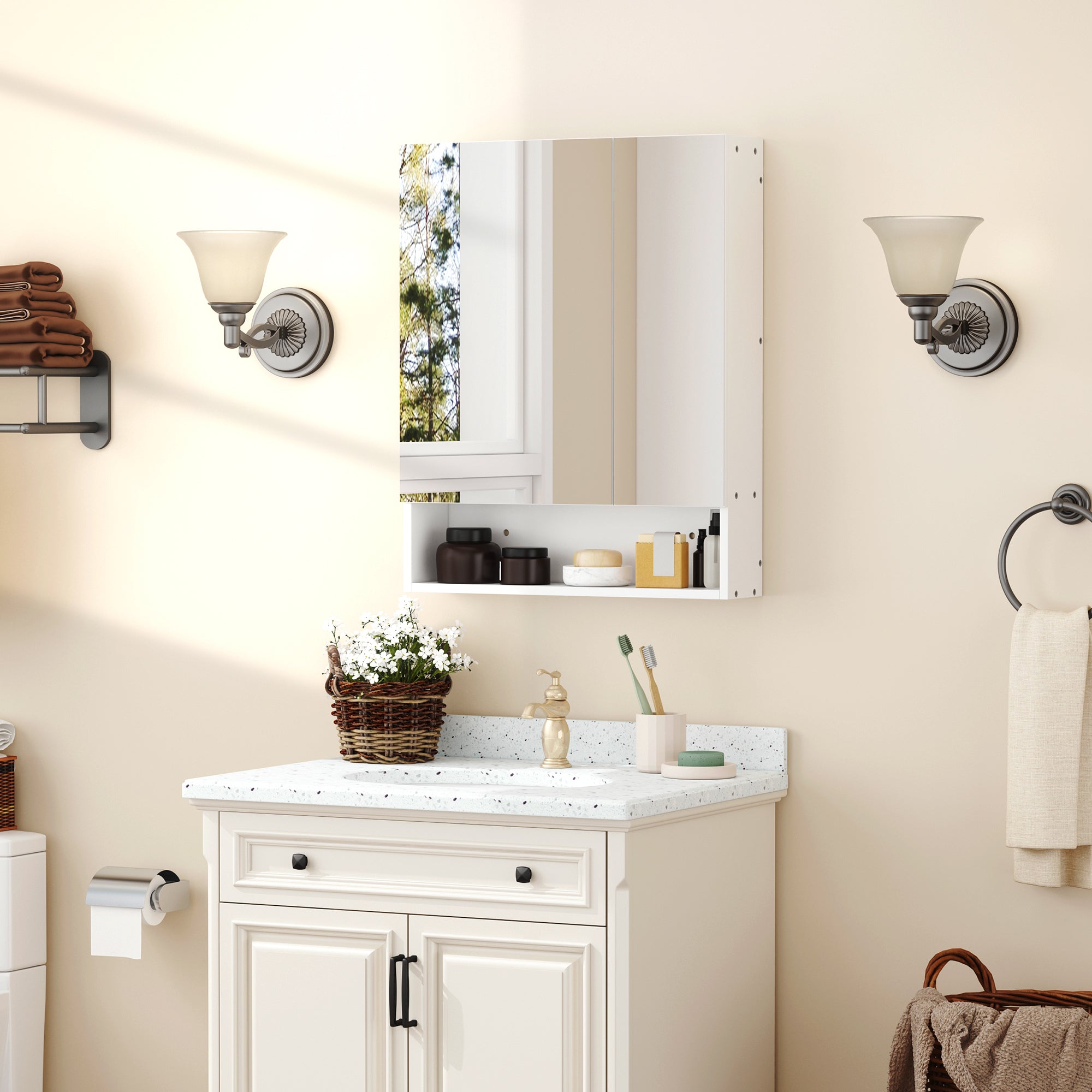 kleankin Bathroom Cabinet with Mirror, Wall Mounted Bathroom Mirror Cabinet with Adjustable Shelf, 2 Doors Storage Cupboard, White