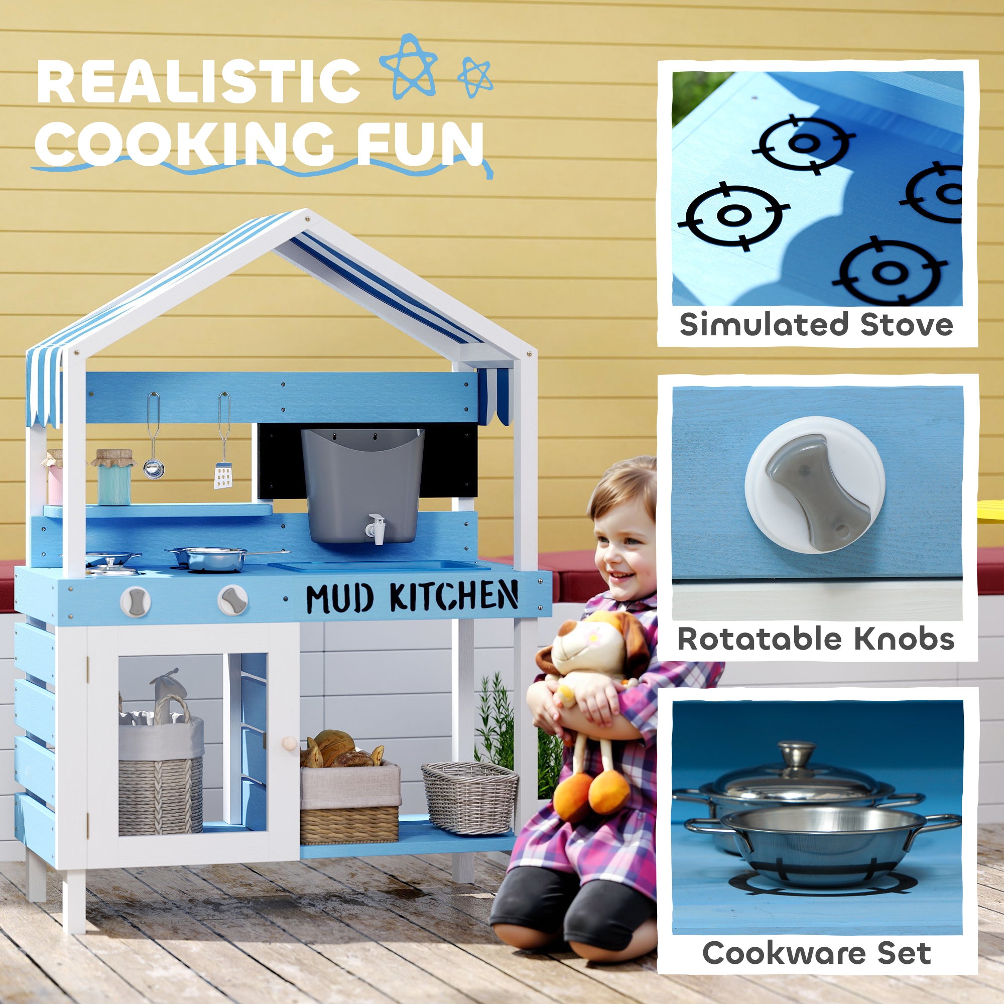 Kids Mud Kitchen Outdoor with Stoves, Sink, Faucet, Storage Shelves, Cookware Accessories for Boys Girls, Blue