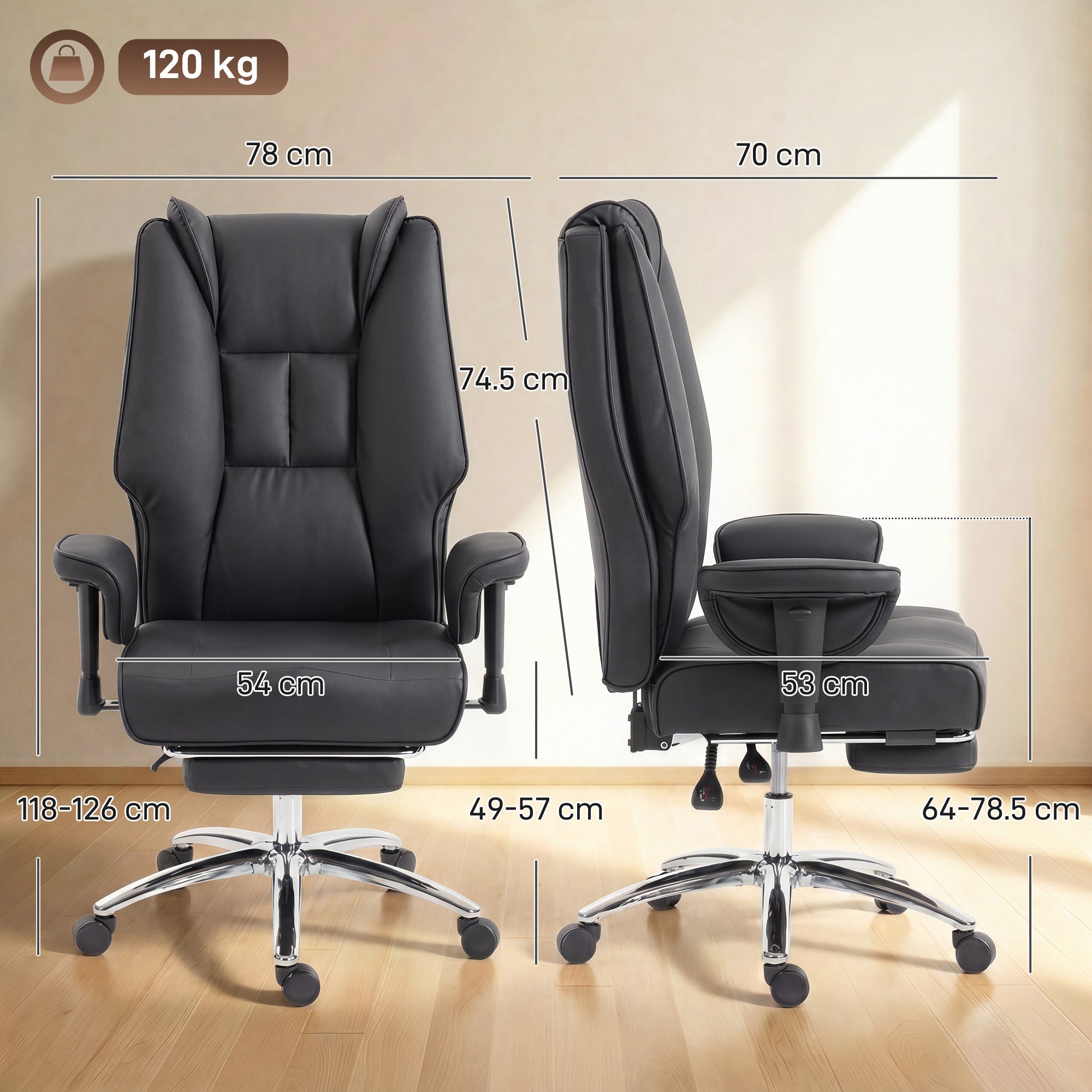 Executive Office Chair, Reclining Desk Chair with Footrest, Adjustable Armrests, Pet Friendly Faux Leather, Black