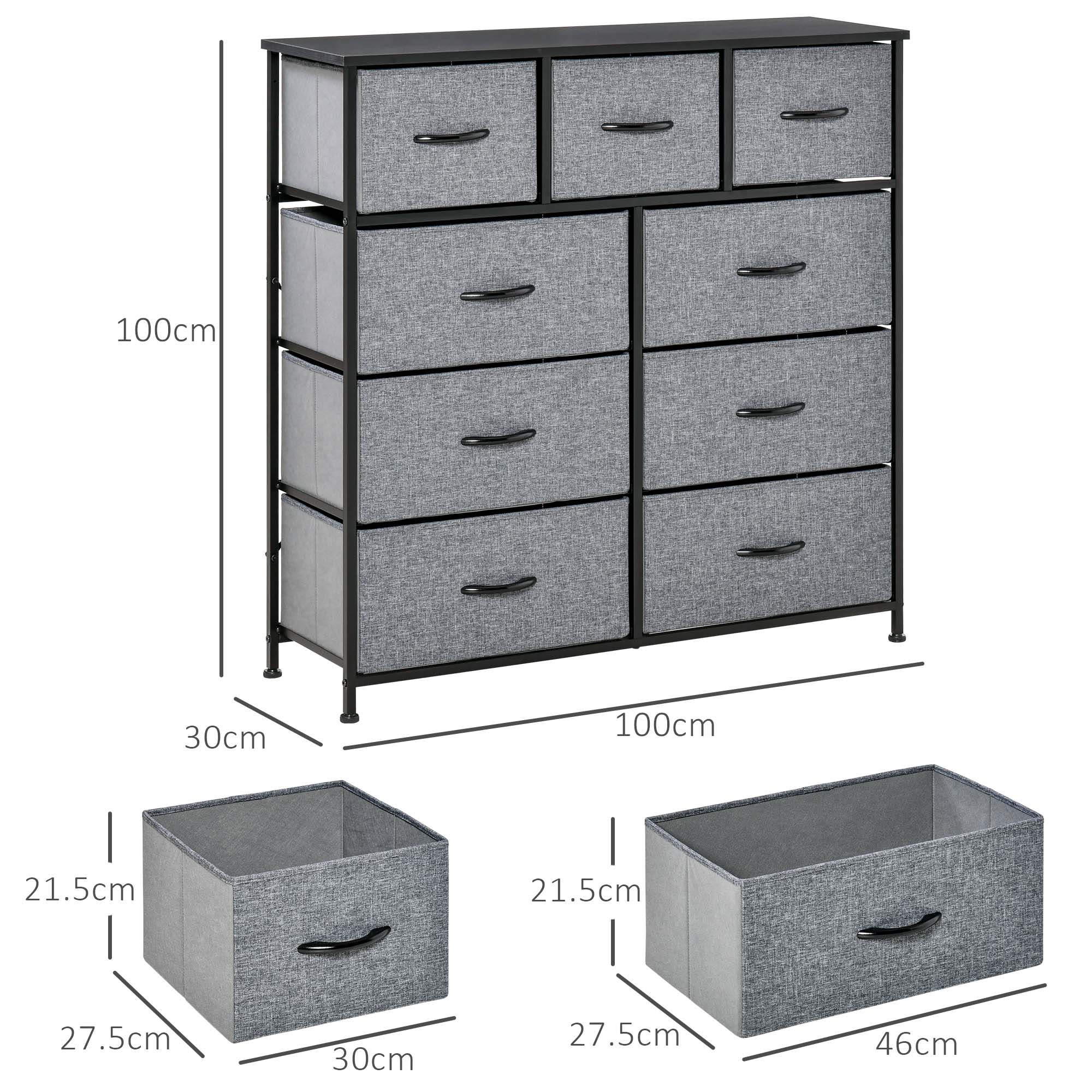 9-Drawer Storage Chest Dresser Organizer with Fabric Bins for Bedroom, Hallway, Entryway - Black & Grey