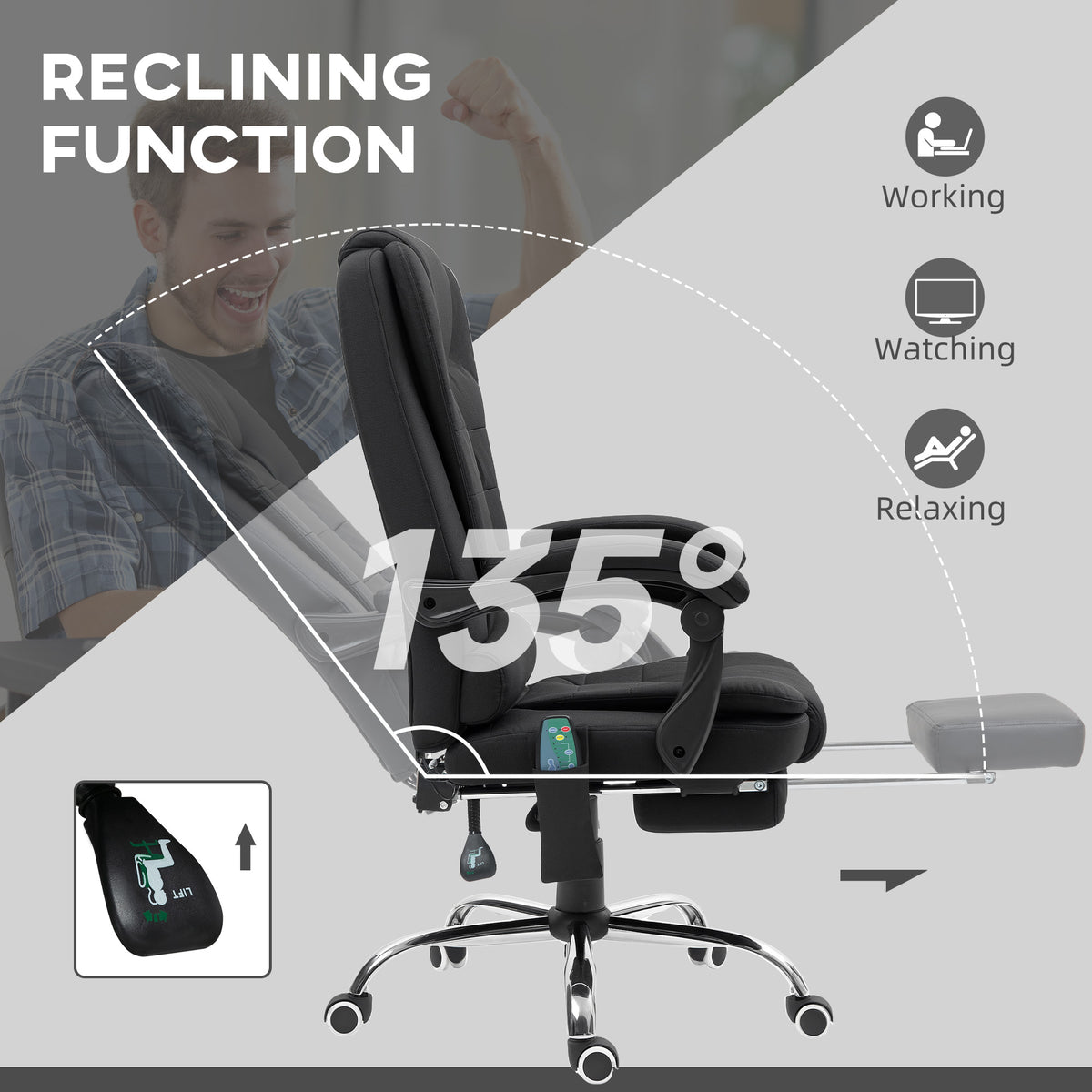 Heated 6-Point Vibration Massage Executive Ergonomic Office Chair with Recliner & Footrest - Black
