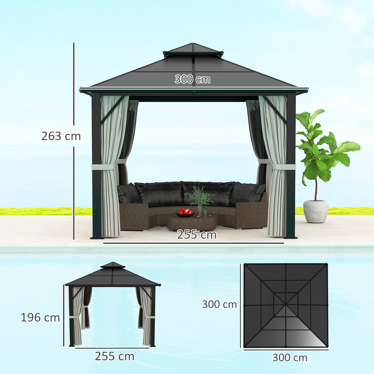 3 x 3m Hardtop Gazebo Canopy with UPF30+ Double Polycarbonate Roof, Aluminium Frame, Mosquito Netting & Curtains - Grey