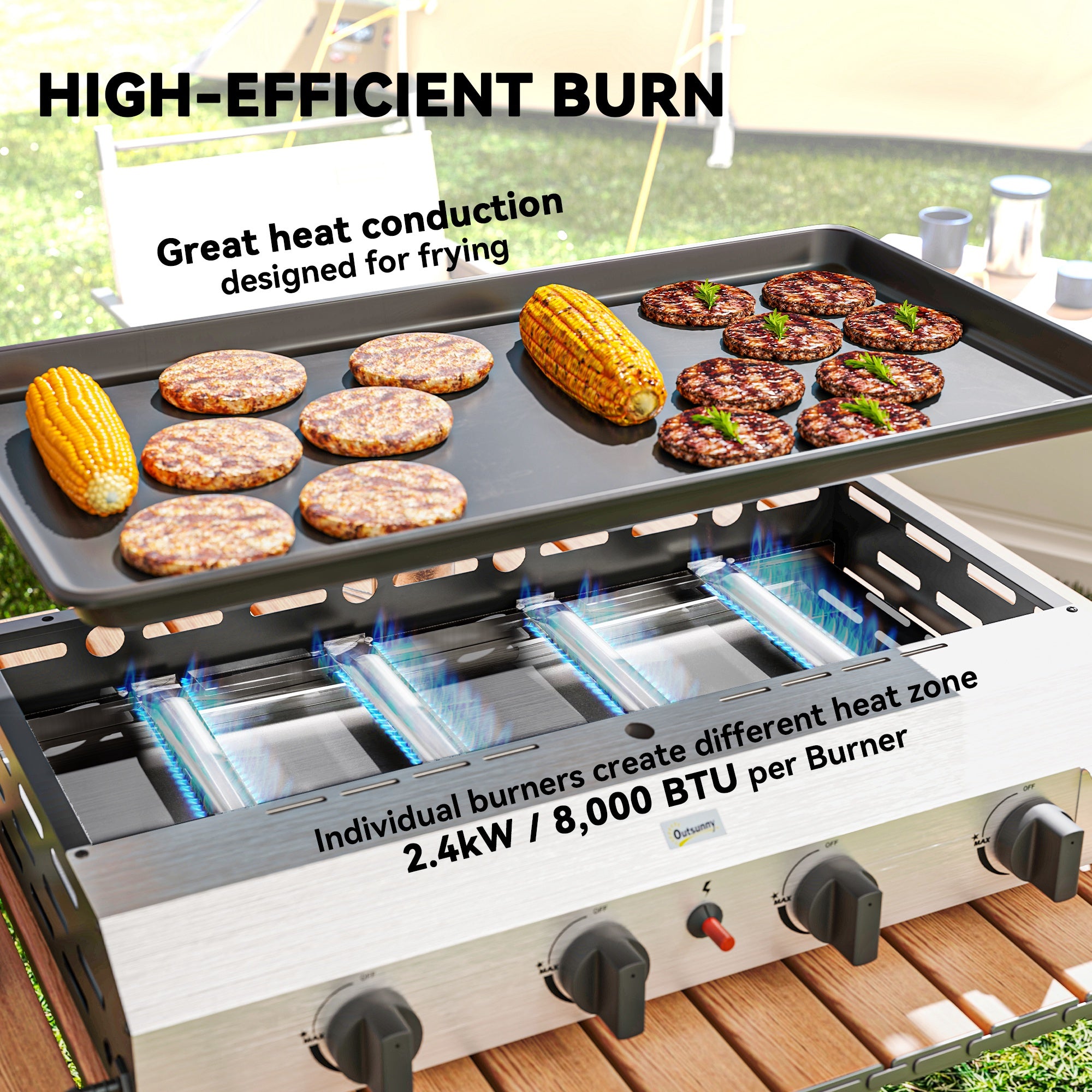 Four Burner Portable Gas Grill with Regulator and Hose - Silver Tone Black