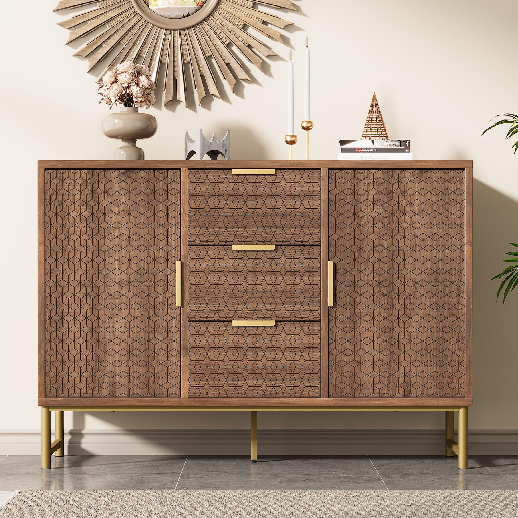 Embossed Design Sideboard Cabinet with 3 Drawers and 2 Doors, Adjustable Shelves, Anti-tip, Storage Cabinet, 120L x 40W x 75H cm, Walnut