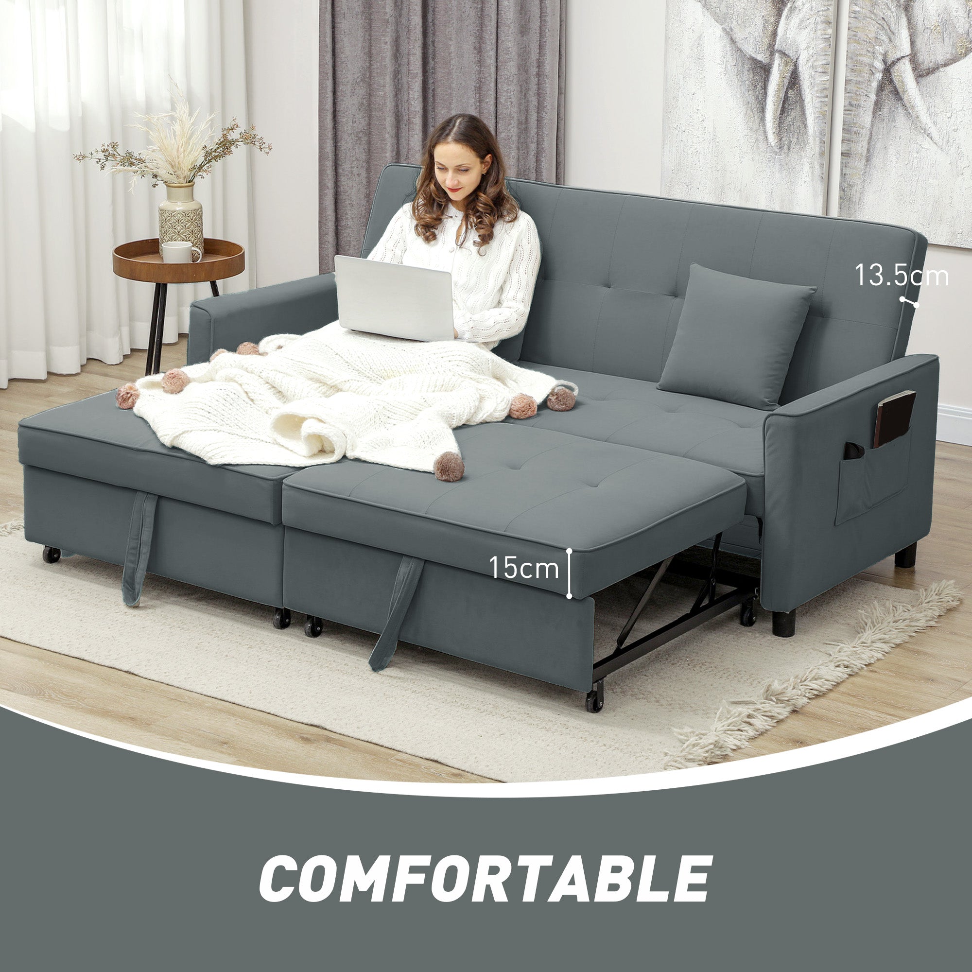 Three-Person Velvet-Feel Sofa Bed - Grey