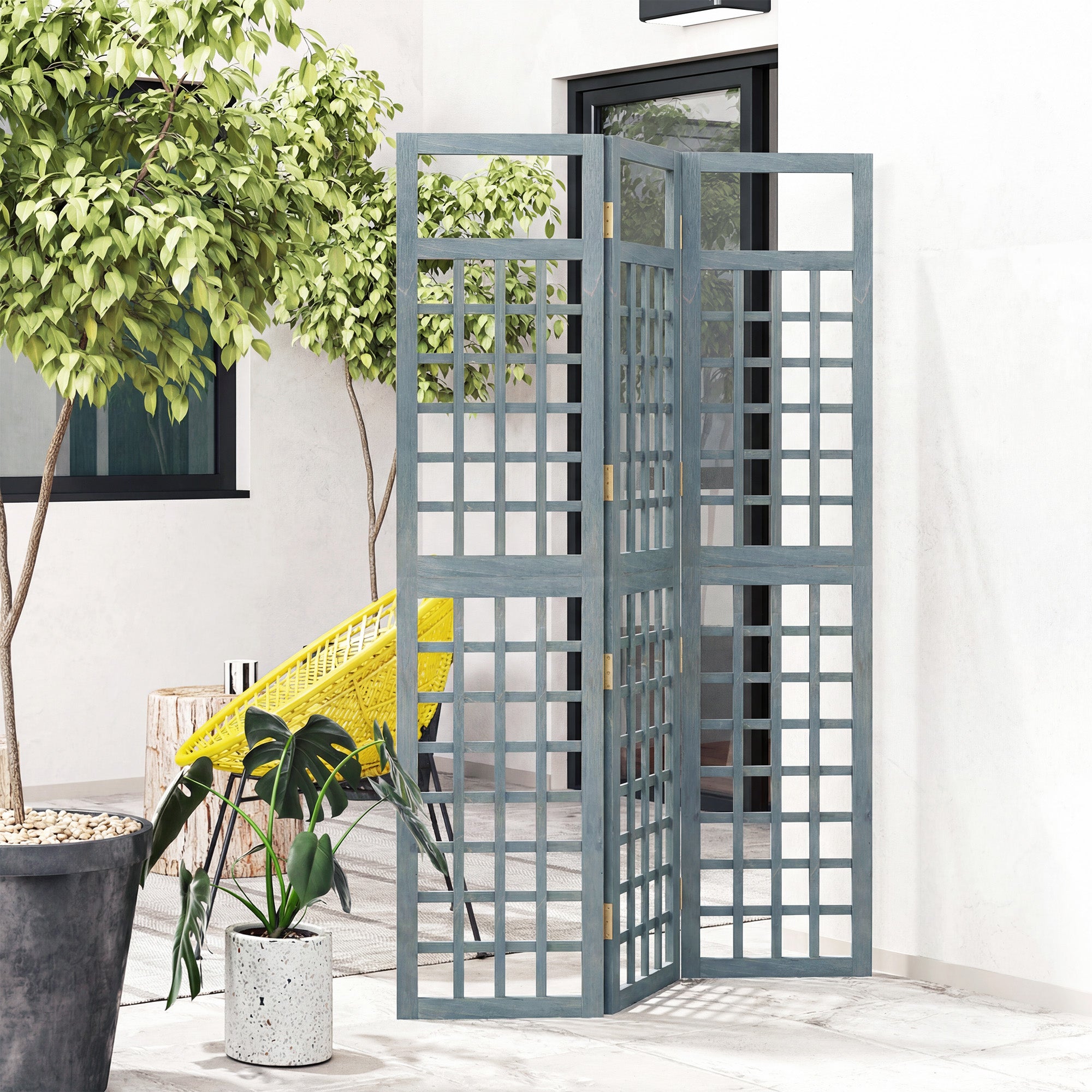 3-Panel Garden Privacy Screen, Freestanding Foldable Wooden Outdoor Divider/Trellis, Decorative Privacy Screen, Grey