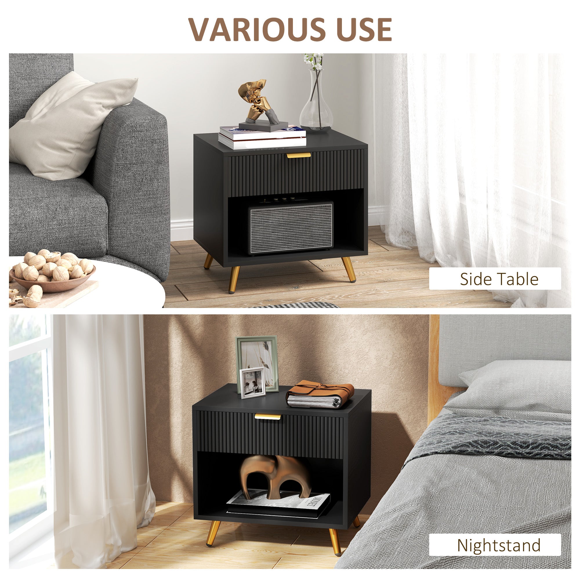 Elegant Bedside Table, with Drawer and Shelf - Black/Gold Tone