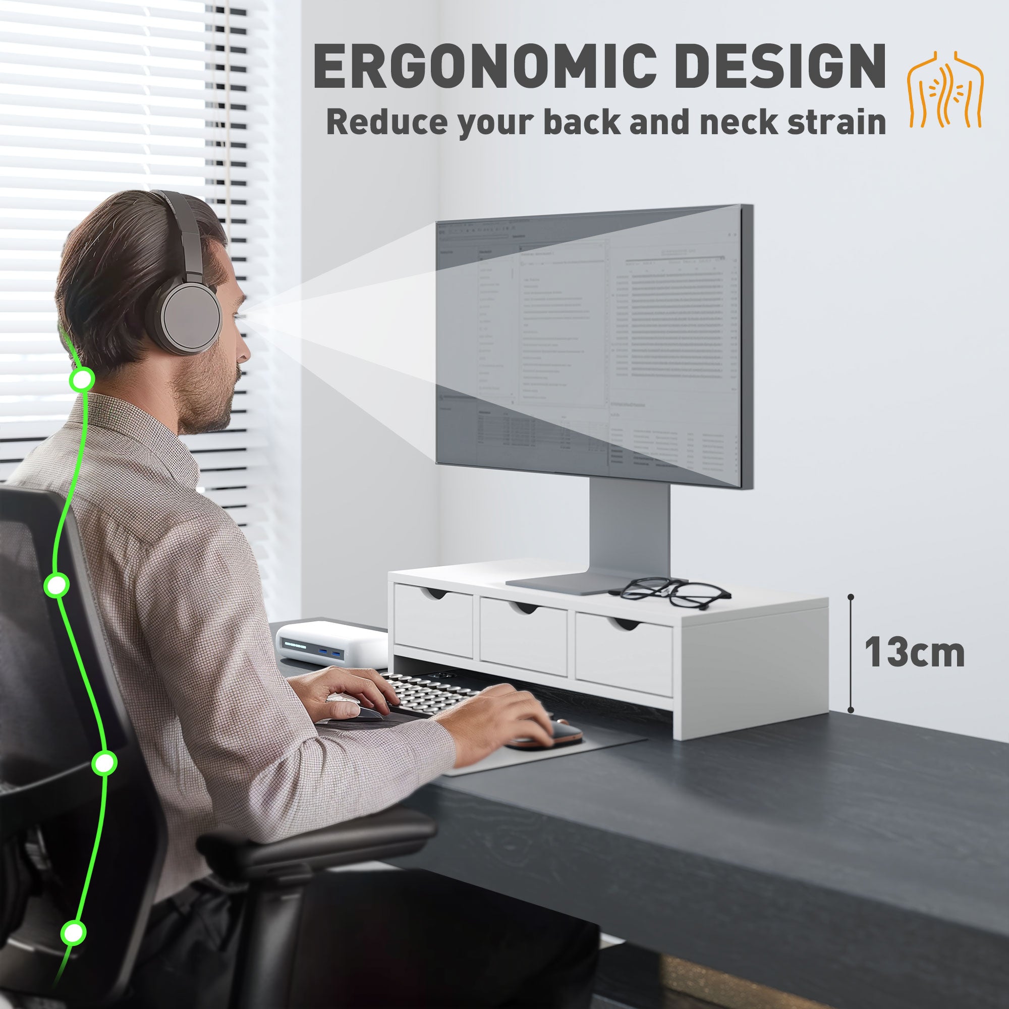 Monitor Stand Riser with 3 Drawers for Laptop, PC, Small Printer 51x24x13cm - White