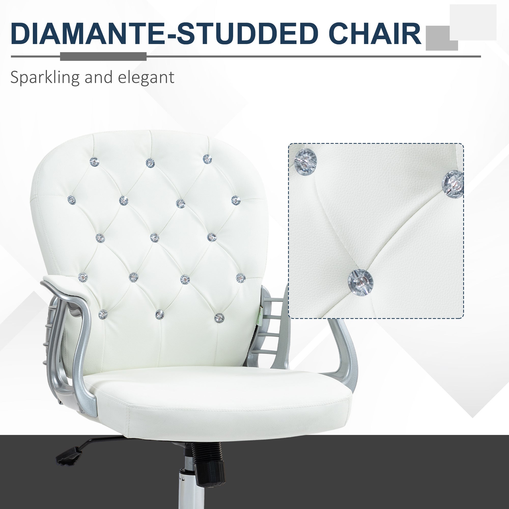 Office Chair Ergonomic 360° Swivel PU Diamante Padded Base 5 Castor Wheels for Home Work White