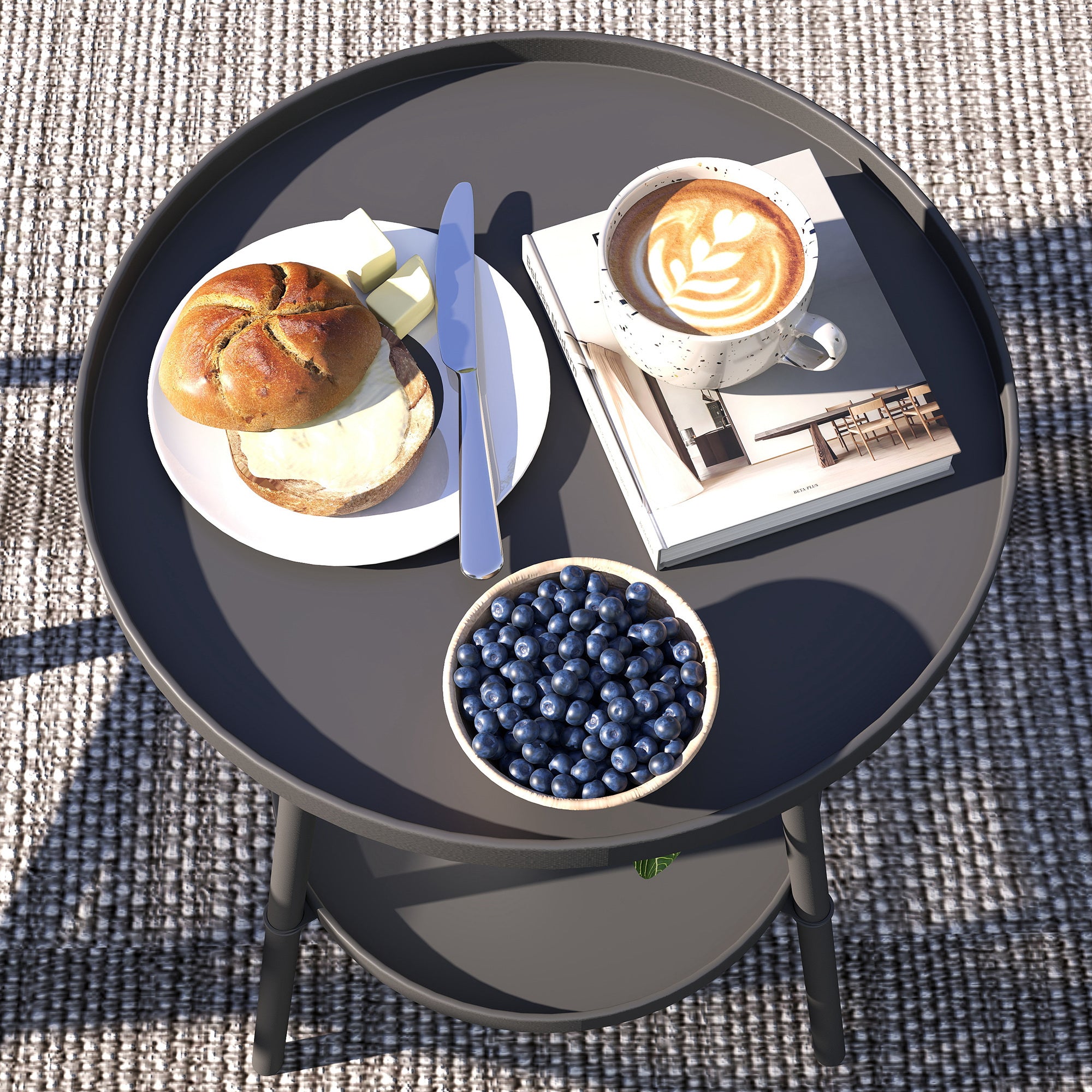 Round Garden Table, 2-Tier Small Side Table, Metal Patio Table Coffee Table Dining Table for Porch Deck Balcony, Black