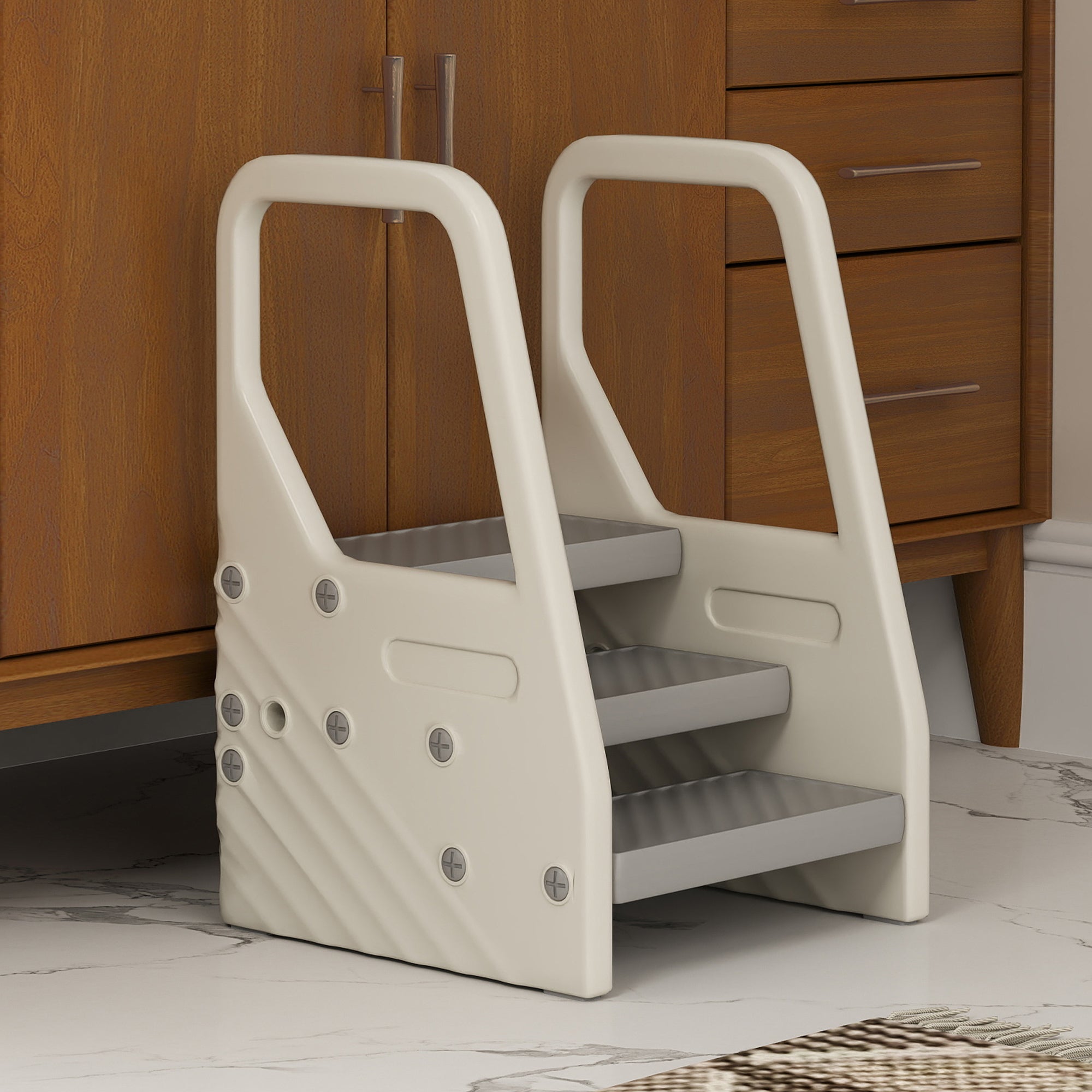 Adjustable 3 Step Toddler Tower with Handles, Non-slip Surface and Foot Pads, Grey