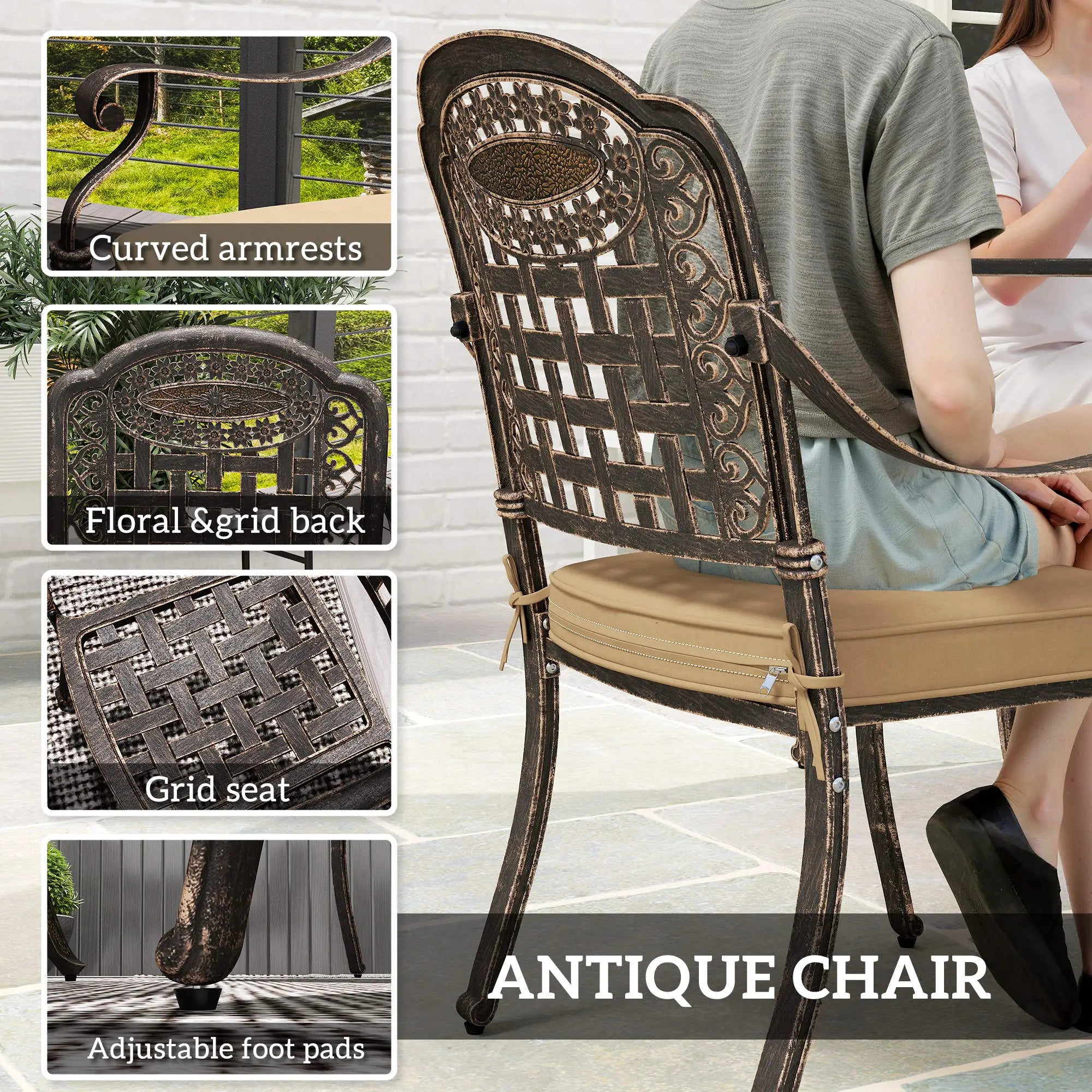 5 Piece Cast Aluminium Garden Dining Set with Cushions - Bronze Tone