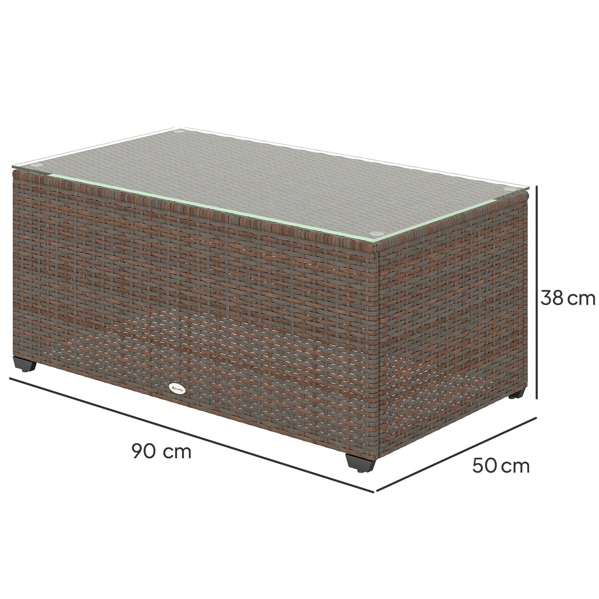 90 x 50cm Glass Top Rattan Side Table with Tempered Glass Brown