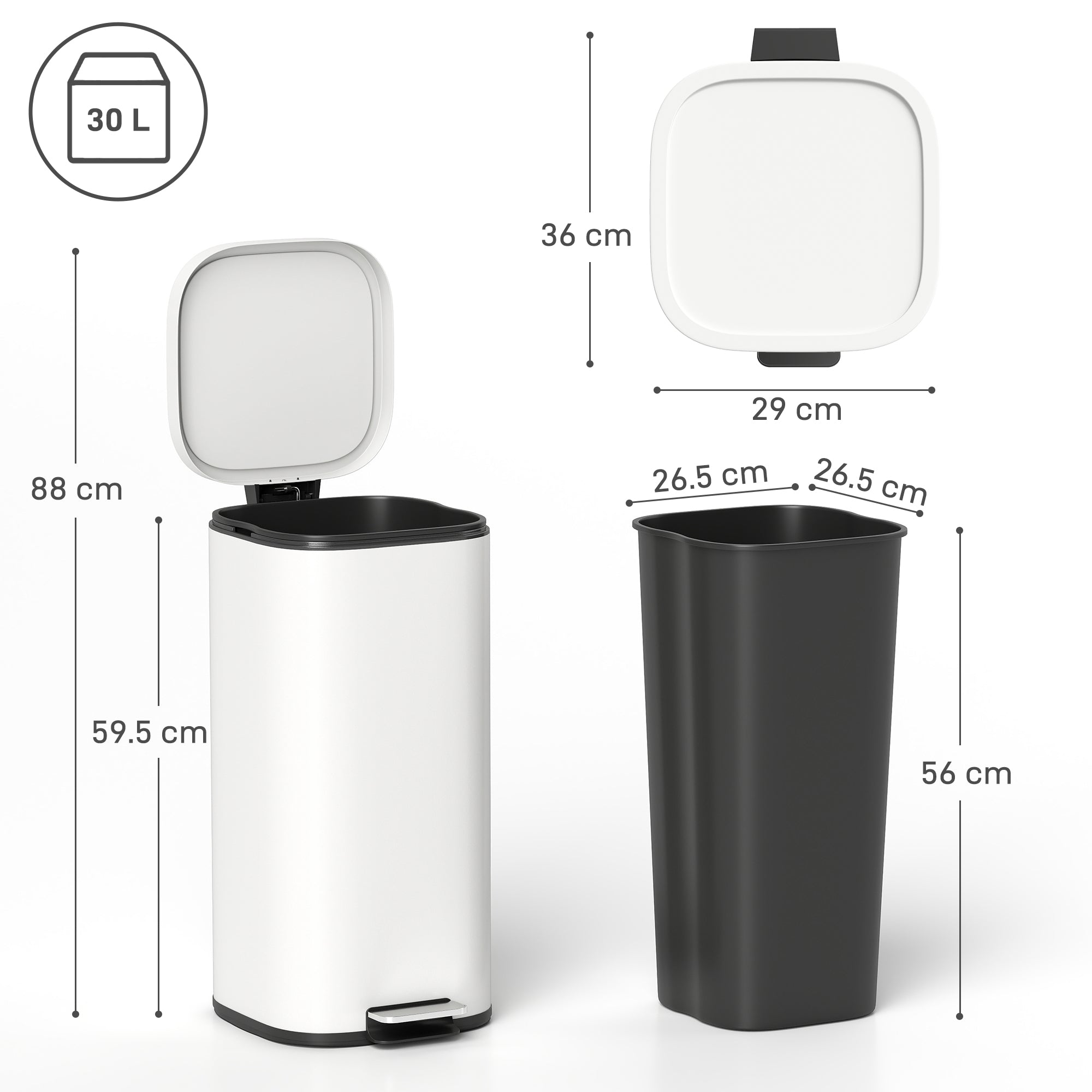 30L Kitchen Bin, Compact Pedal Bin with Soft-Close and Stay-Open Lid, Removable Bucket for Kitchen, Home, Office, Cream
