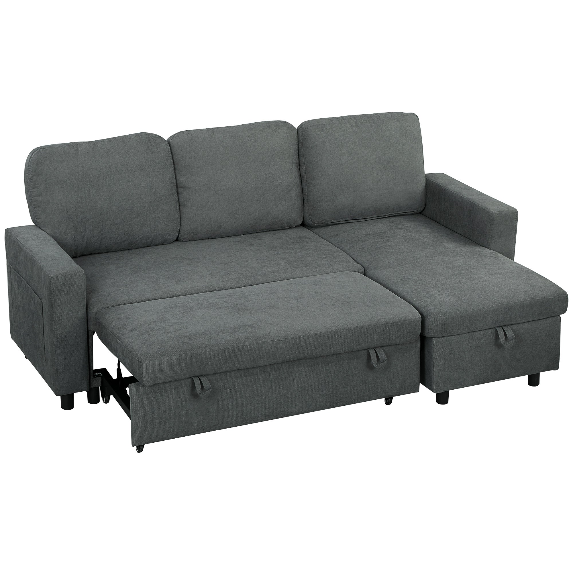 Sofa Bed with Storage, Convertible L Shaped Corner Sofa, 3 Seater Pull Out Sofa Bed with Reversible Chaise, Side Pockets for Living Room, Bedroom, Small Spaces, Charcoal Grey