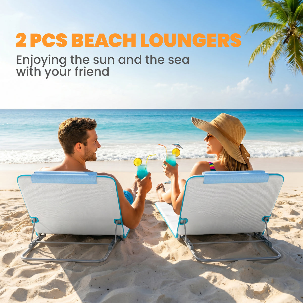 Set of 2 Foldable Garden Beach Chair Mat, Lightweight Outdoor Sun Lounger Seats with Adjustable Back, Metal Frame, PE Fabric Head Pillow and Carry Bag, Cream White