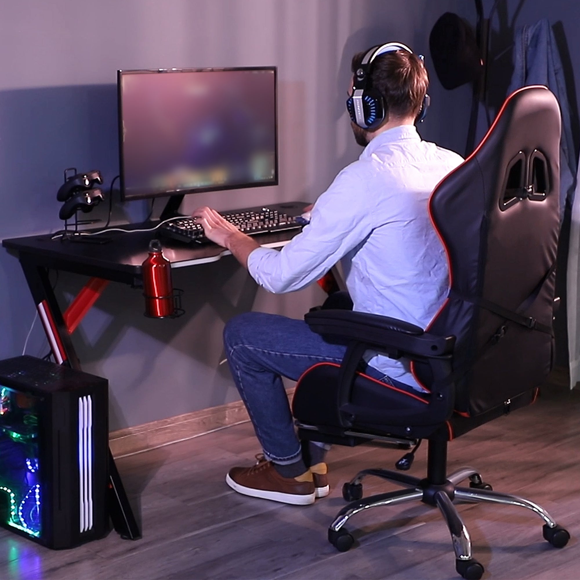 1.2m Gaming Desk w/ RGB Light Steel Frame | Racing Style Computer Table w/ Cup Holder Headphone Cable Management | Study Workstation Home Bedroom - Black