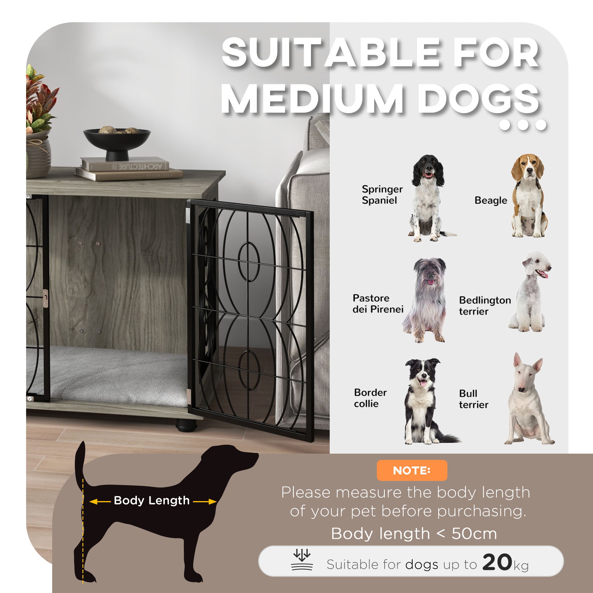 Indoor Medium Dog Crate End Table with Lockable Door and Washable Cushion - Grey Wood Effect