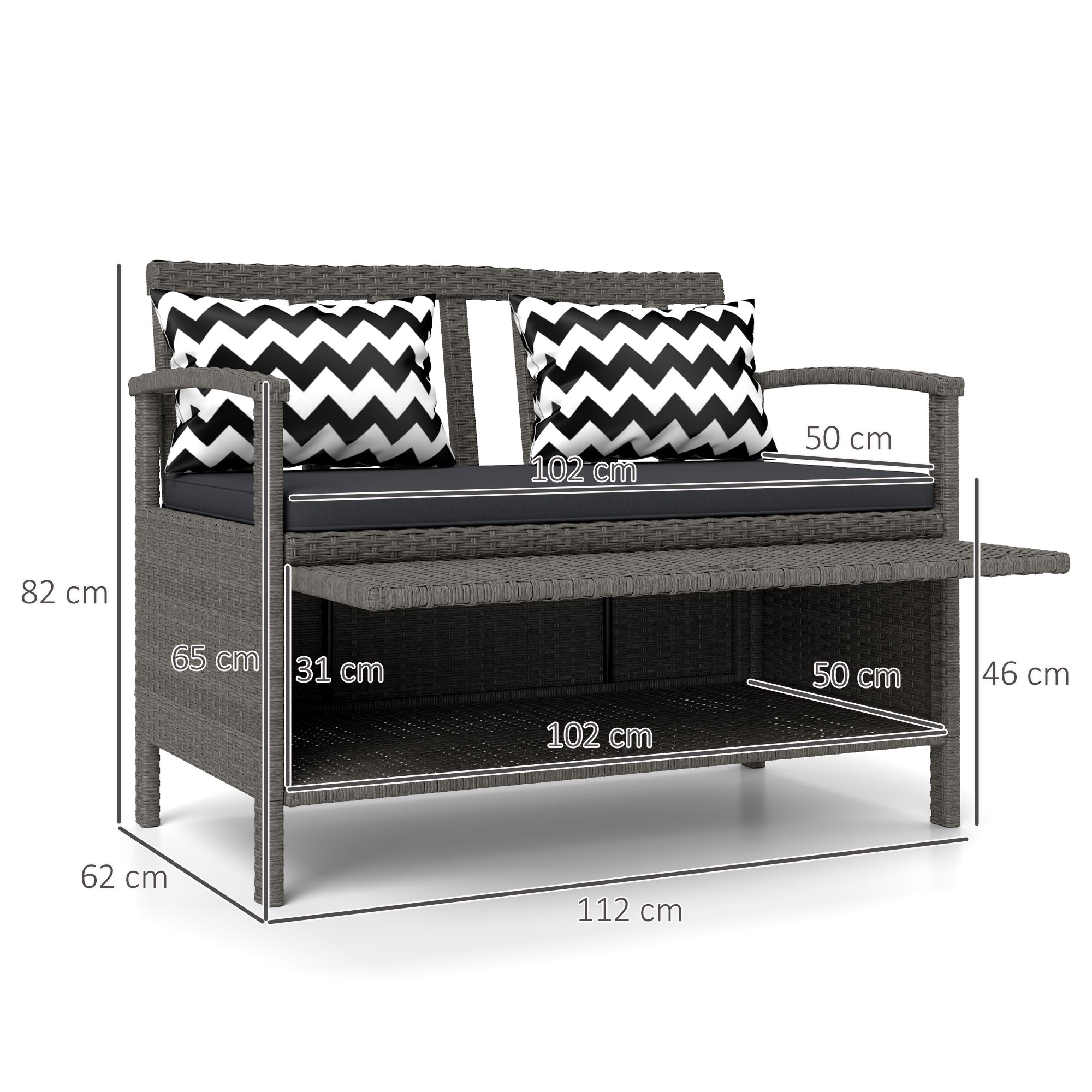 Two-Seater Outdoor Rattan Storage Bench 160L Capacity - Grey