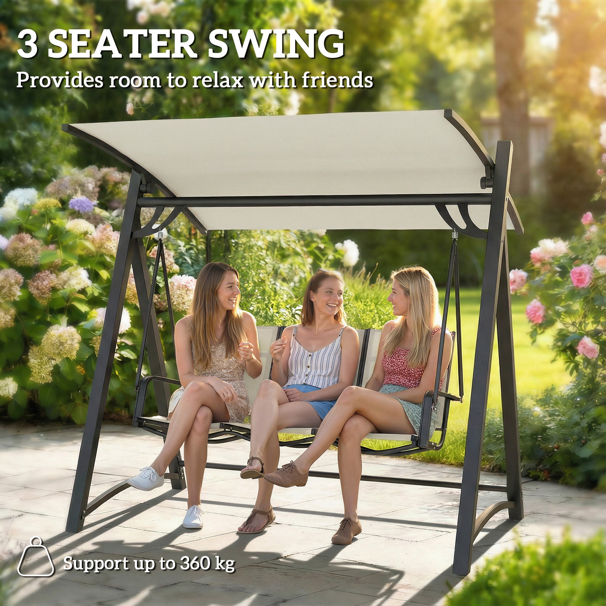 3 Seater Swing Chair, Garden Swing Bench with Adjustable Tilting Canopy, Breathable Mesh Seat 360 kg Capacity, White