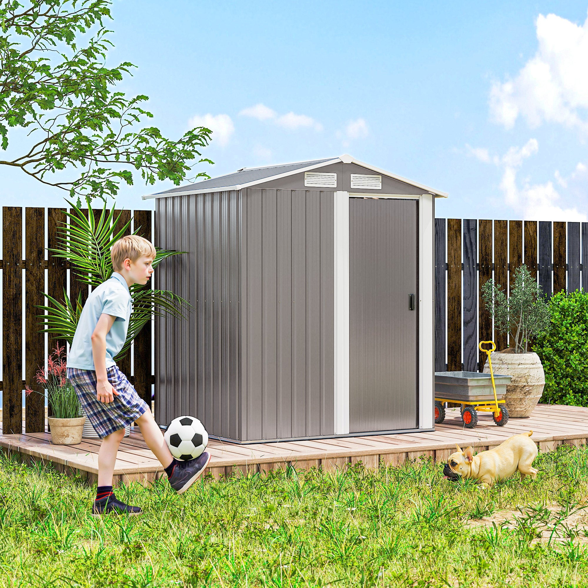 Garden Metal Tool Storage Shed with Sliding Door, Sloped Roof and Foundation Kit, 152 x 132 x 188cm, Grey