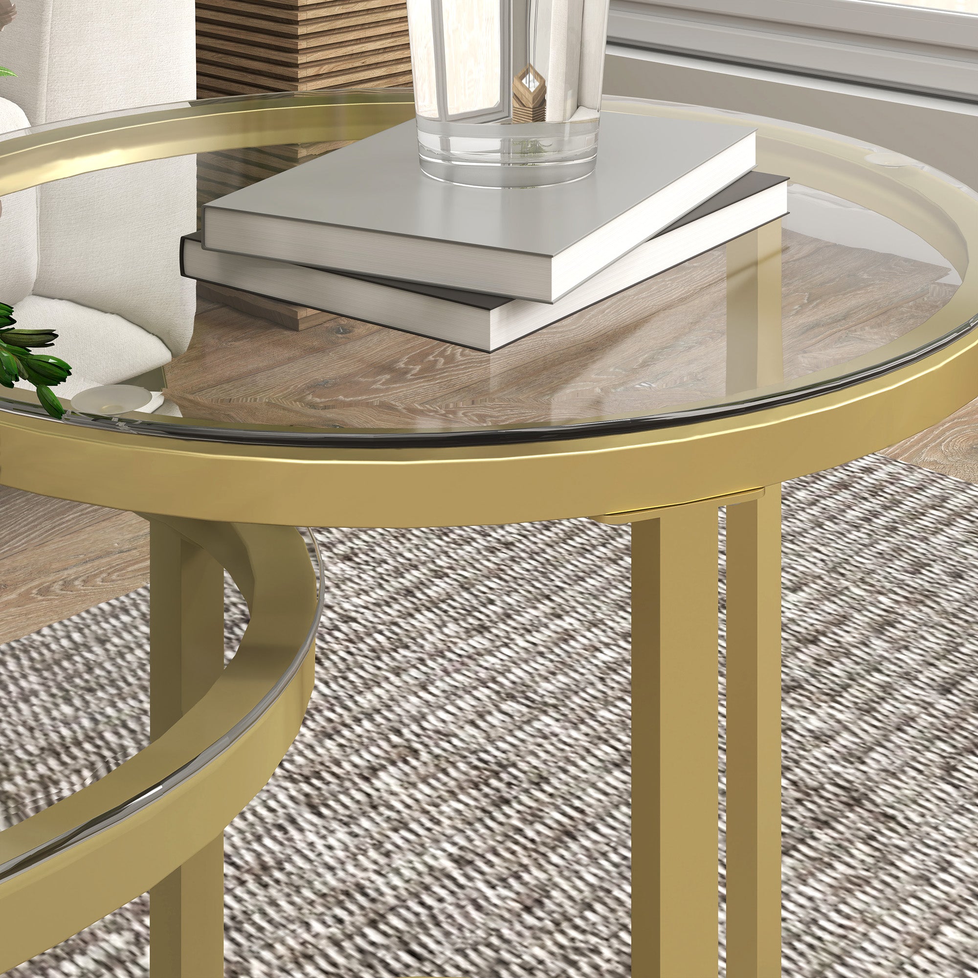Modern Coffee Table Set of 2 with Steel Frame and Tempered Glass Tabletops - Clear