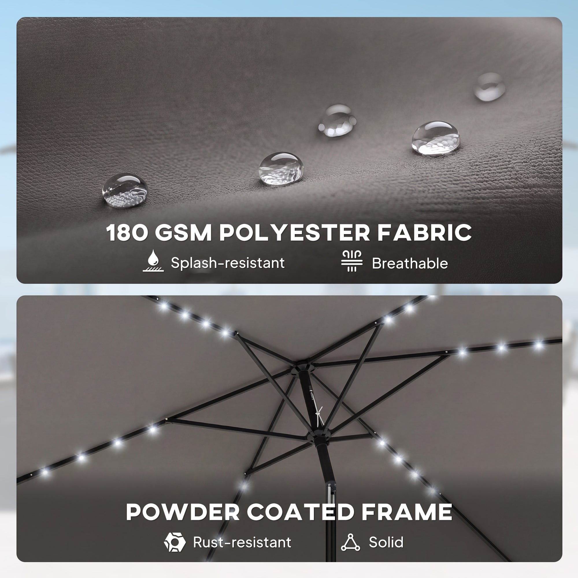 3 x 2 m Garden Parasol Umbrella with LED Solar Light, Parasol Cover, Outdoor Market Patio Umbrella, Dark Grey