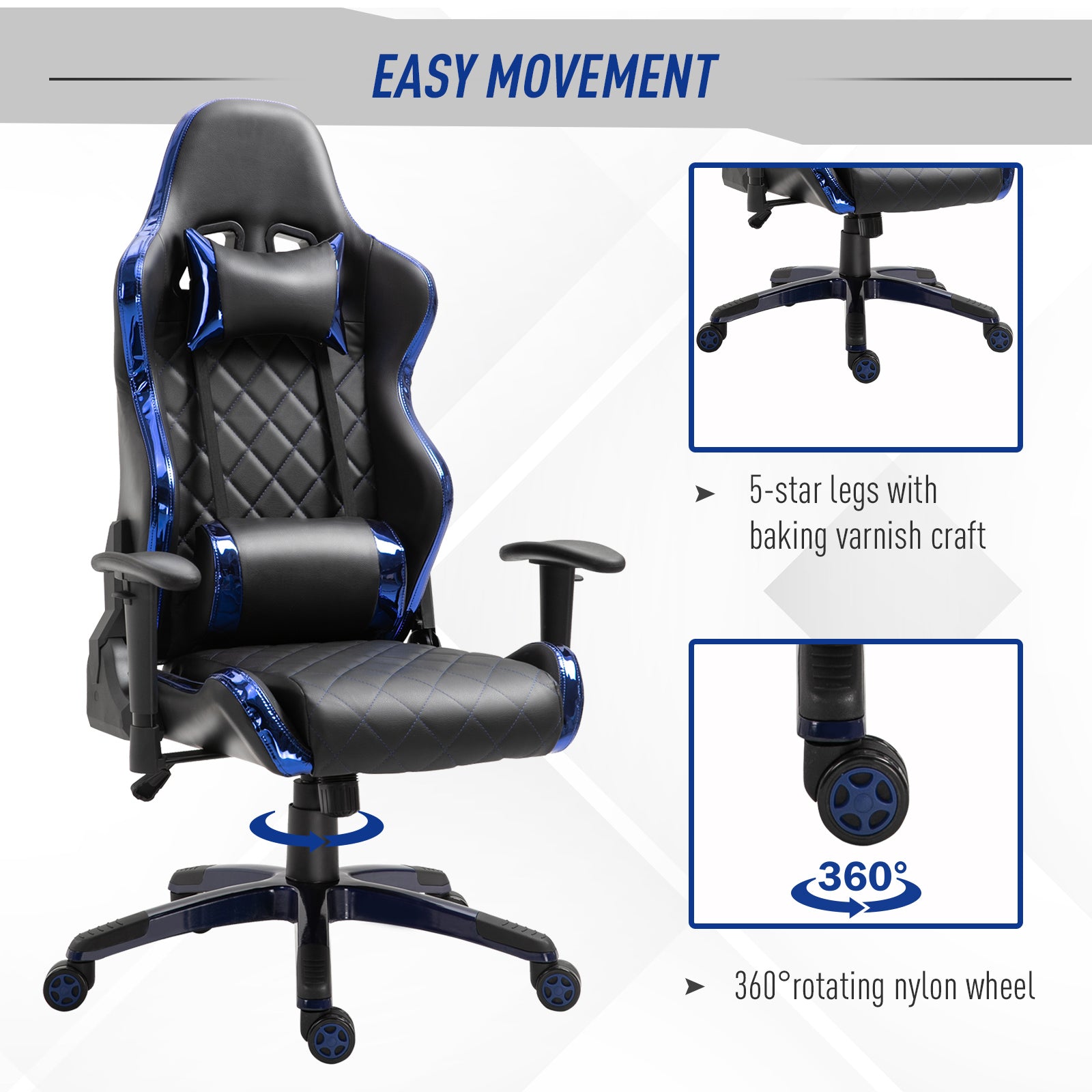 Holographic Stripe Gaming Chair Ergonomic PU Leather High Back 360° Swivel w/ 5 Wheels 2 Pillows Back Support Racing Reclining Black and Blue