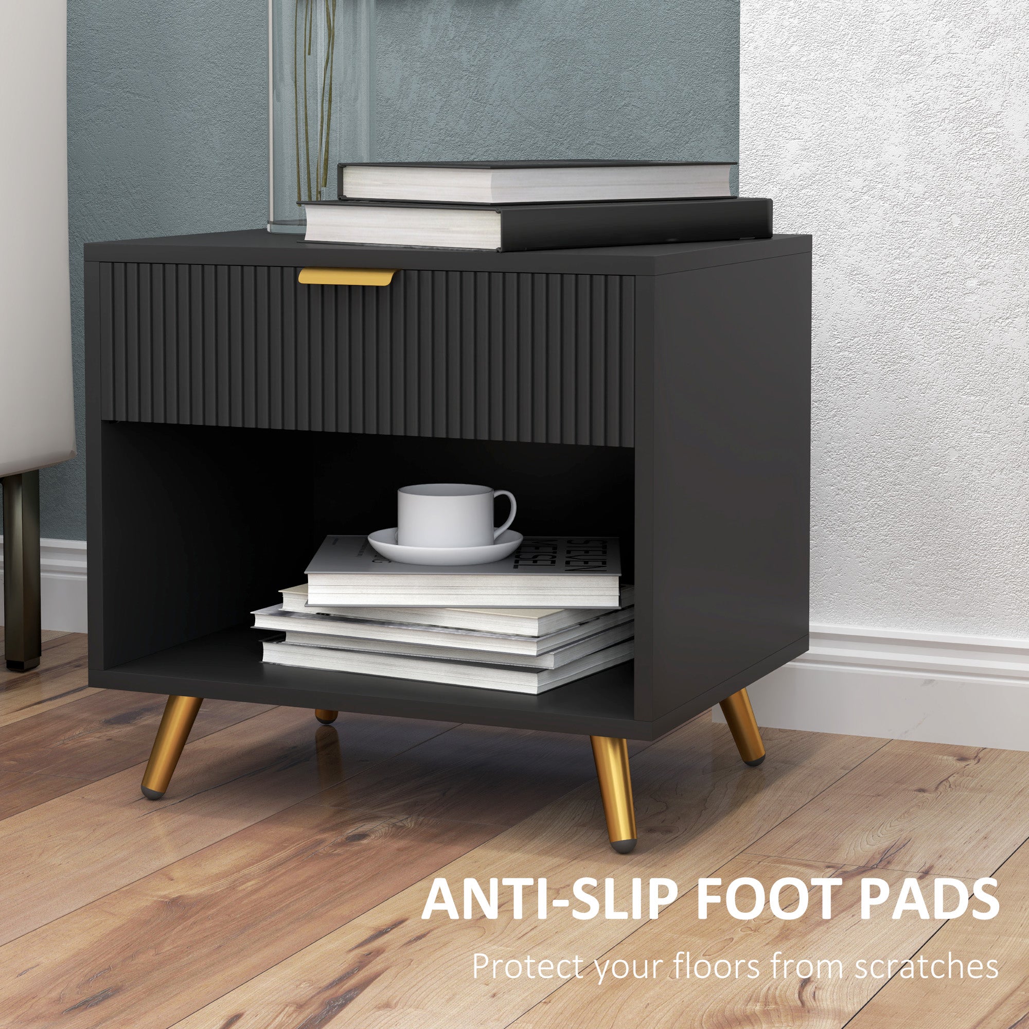 Elegant Bedside Table, with Drawer and Shelf - Black/Gold Tone