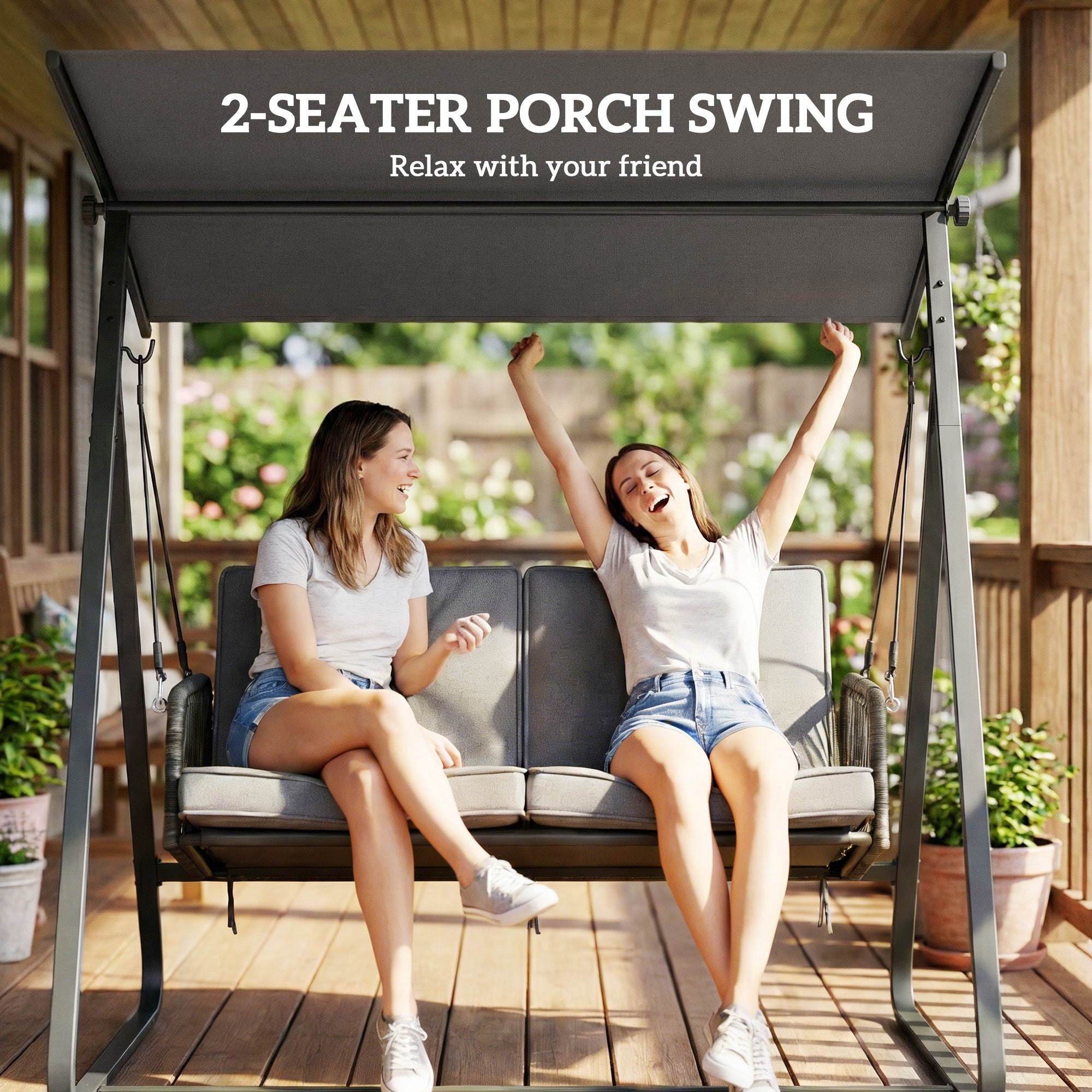 2-Seater Rattan Swing Chair, Outdoor Garden Hanging Swing Seat with Stand, Adjustable Canopy and Soft Cushions