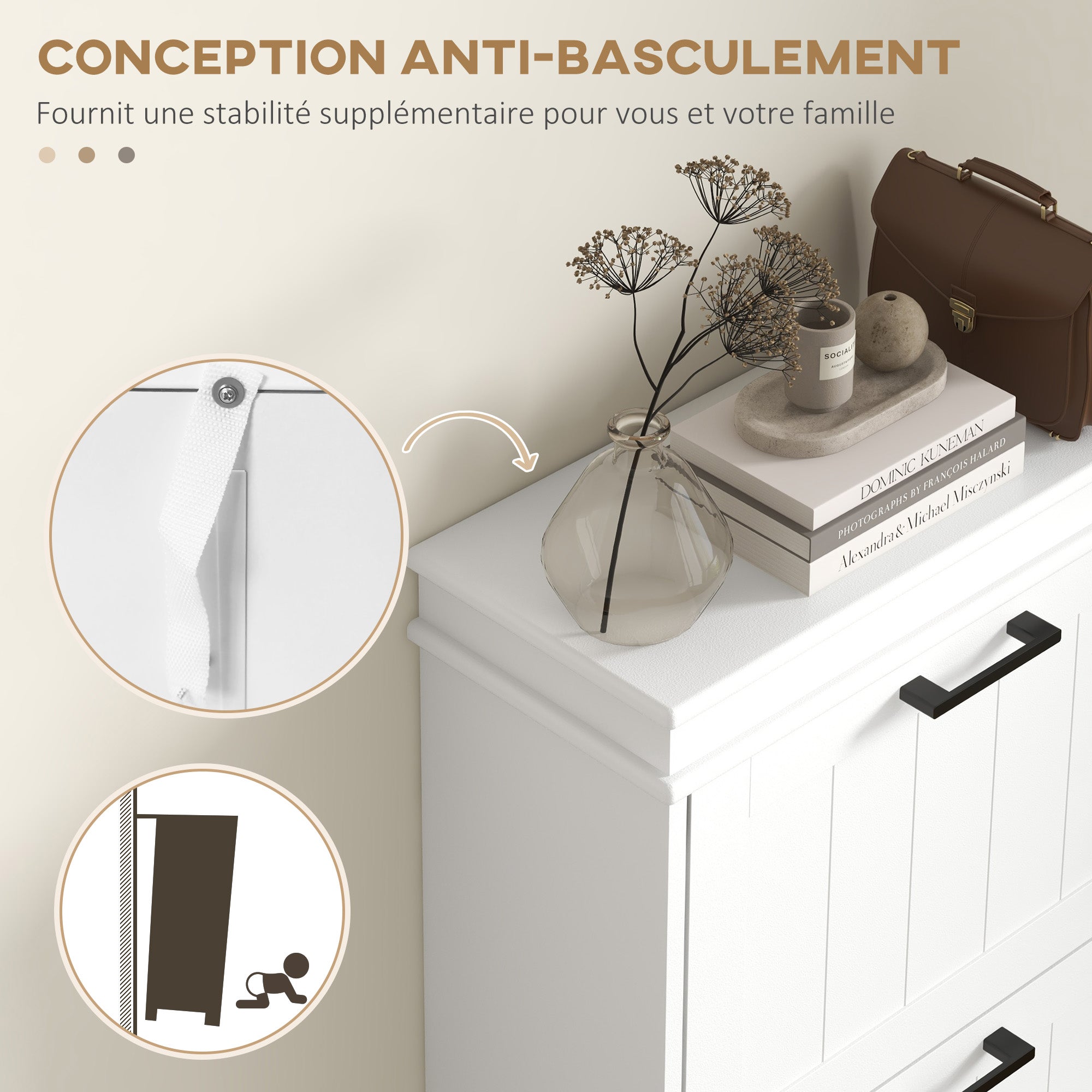 Three-Drawer Minimalistic Shoe Storage Cabinet, for 15 Shoes