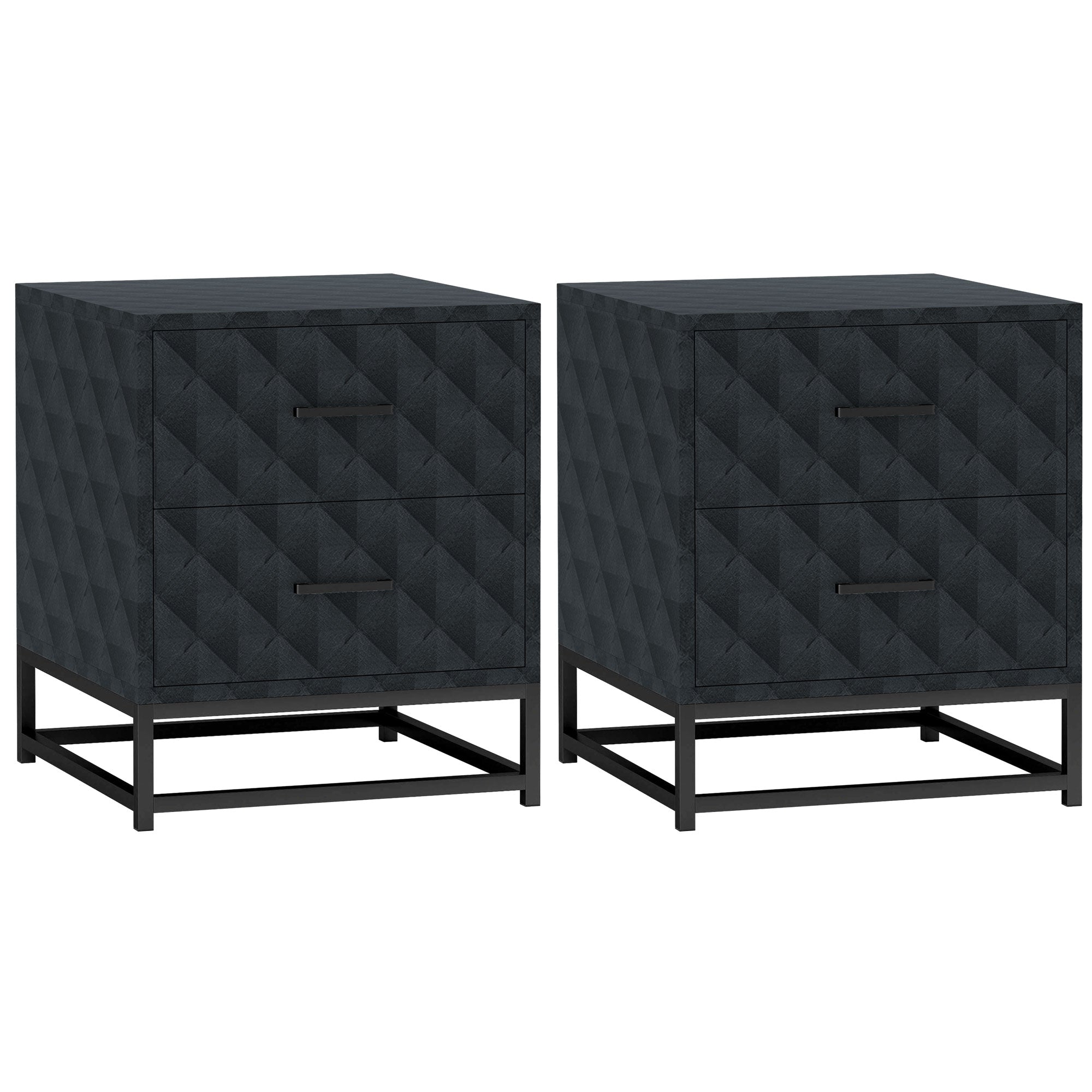 Bedside Tables Set of 2, Modern Bedside Table Nightstand with 2 Drawers, Bedside Cabinet Sofa Side Table with Storage, Steel Legs for Bedroom, Living Room, Black