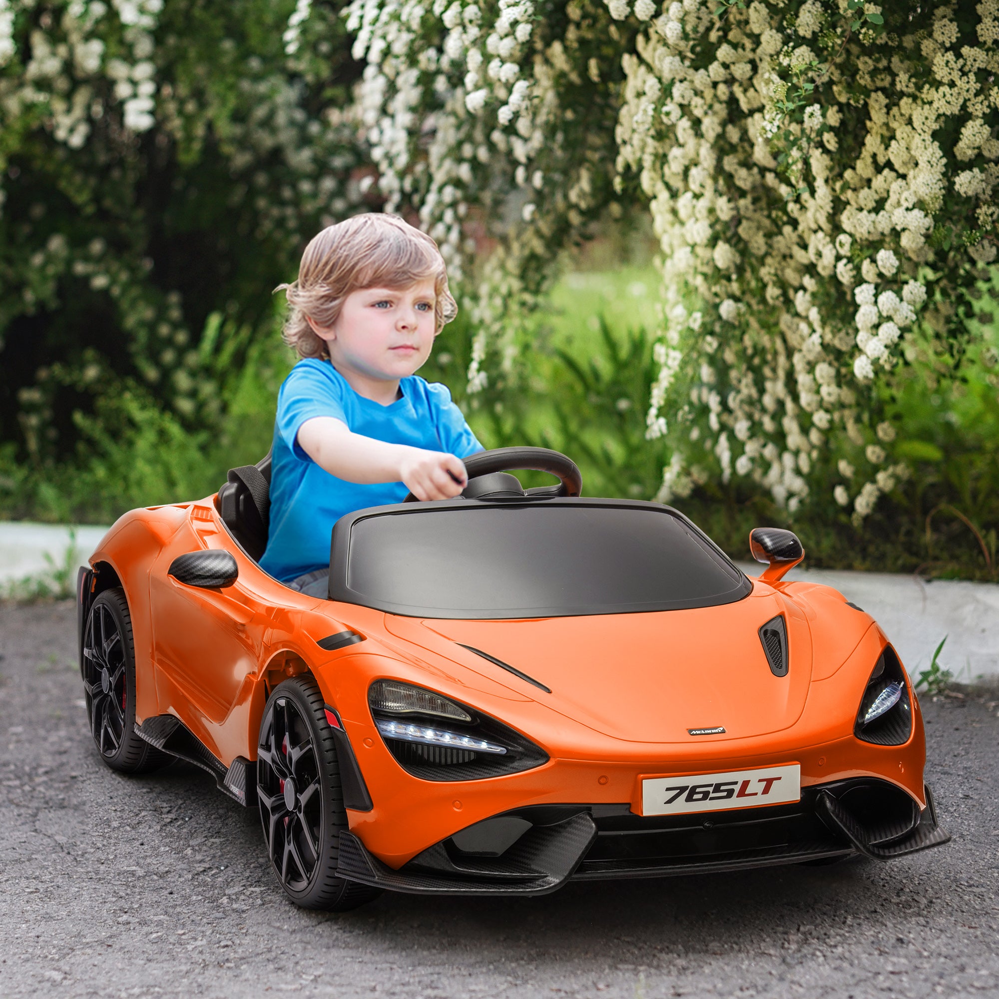 McLaren 765LT Licensed 12V Kids Electric Ride on Car with Butterfly Doors Remote Control Transport Wheels Orange