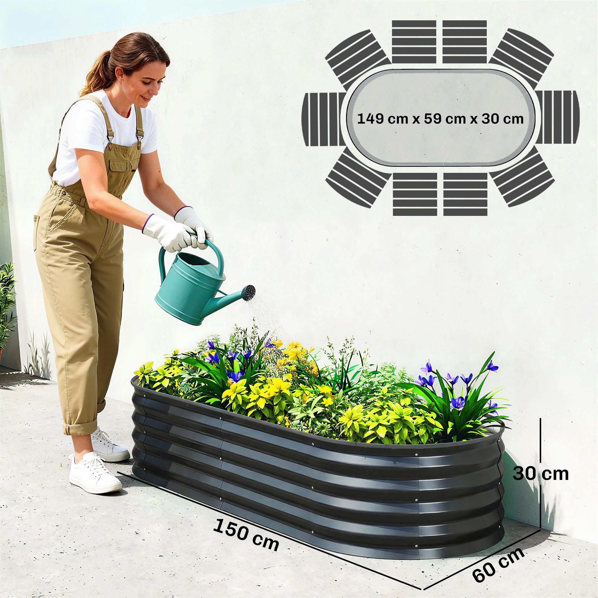Set of Two 150 x 60cm Steel Planters - Dark Grey