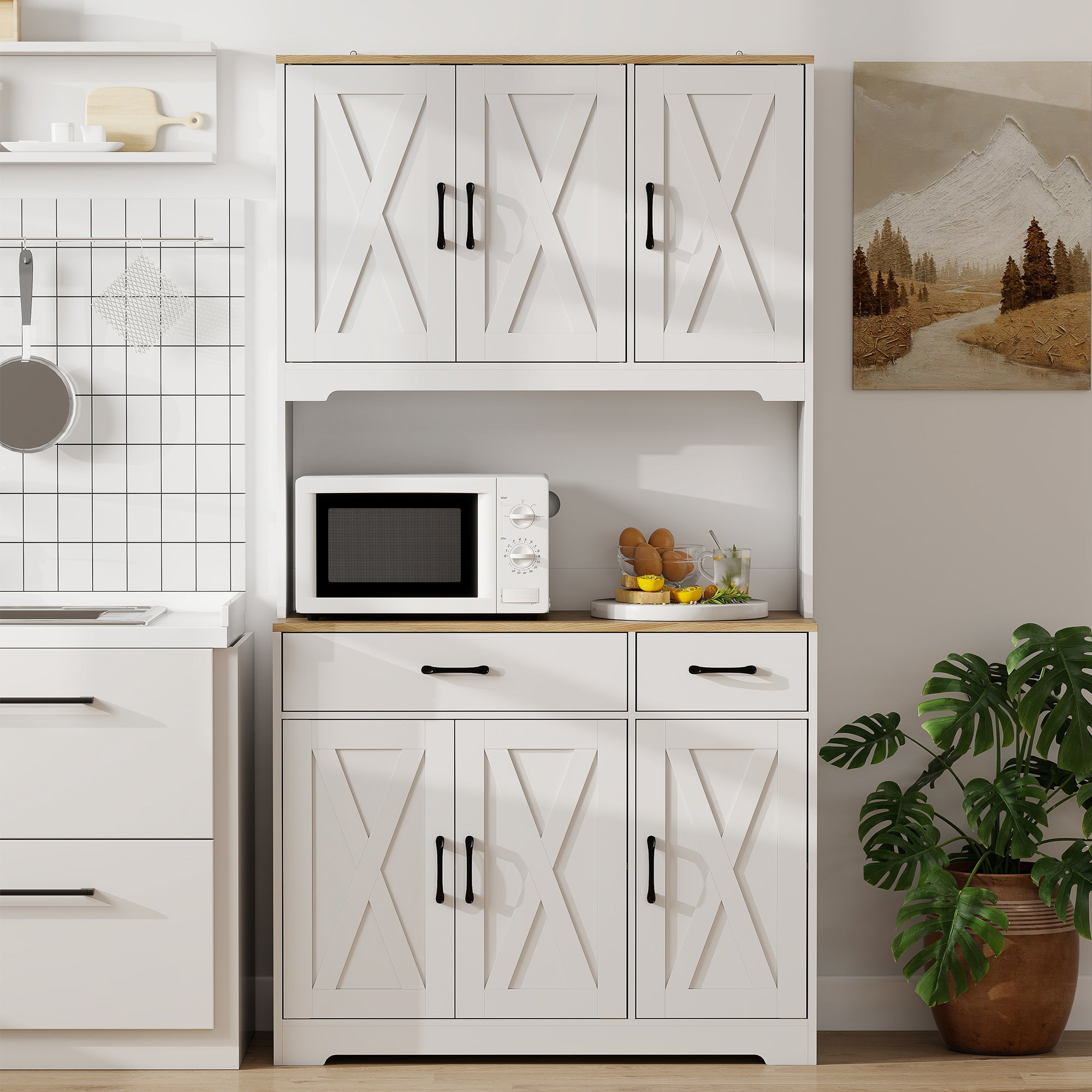 175 cm Tall Kitchen Pantry Cabinet with Microwave Stand, Freestanding Pantry Cupboard, White