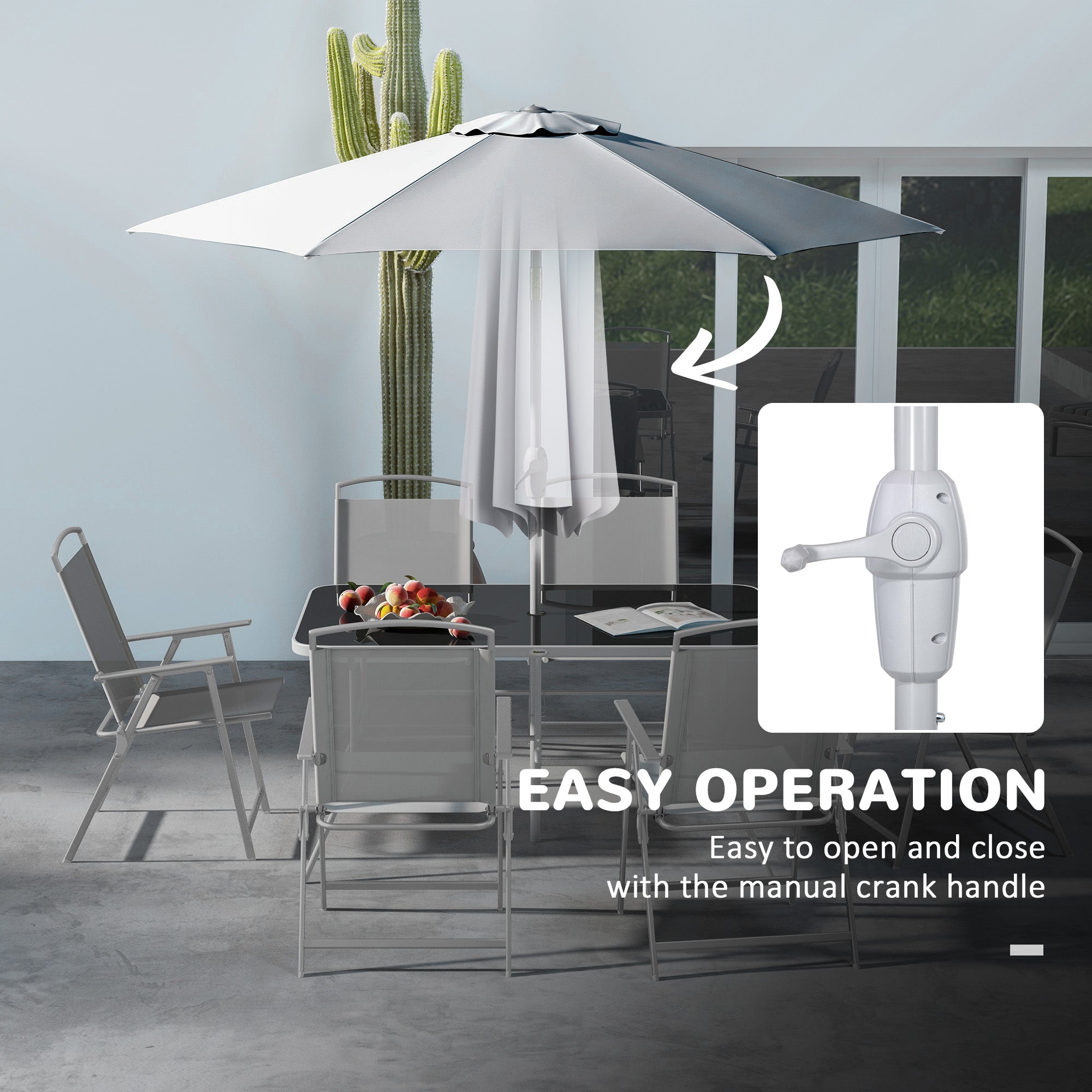 8 Piece Garden Dining Set with Glass Table and Parasol - Grey