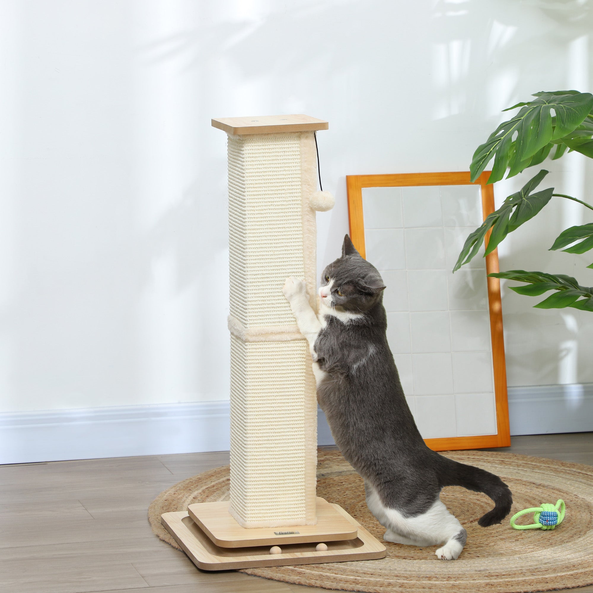 3-in-1 Cat Scratching Post, 87cm Cat Scratcher w/ Track Ball Toy, Oak Tone