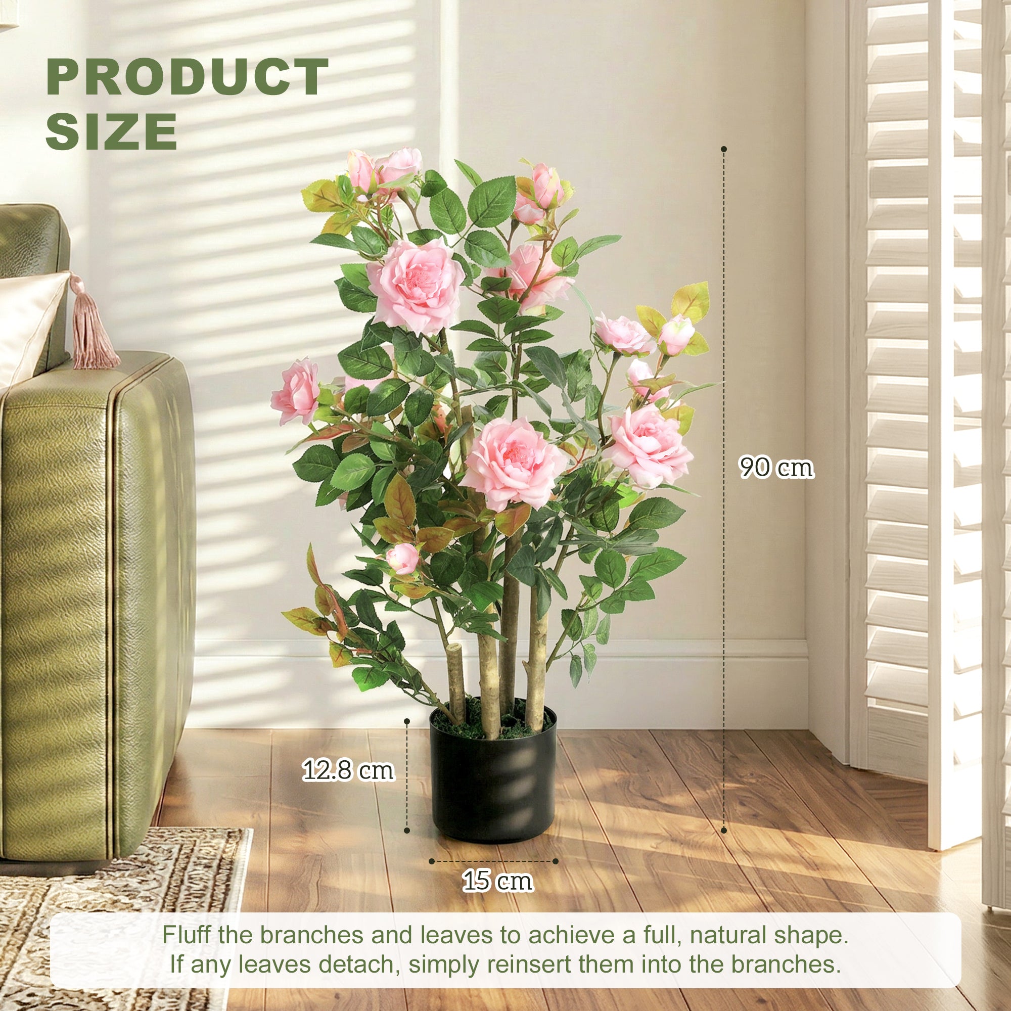 90cm Artificial Rose Tree Set of 2, Decorative Fake Plant with 344 Silk Leaves 17 Flowers for Outdoor Indoor Decor, Pink