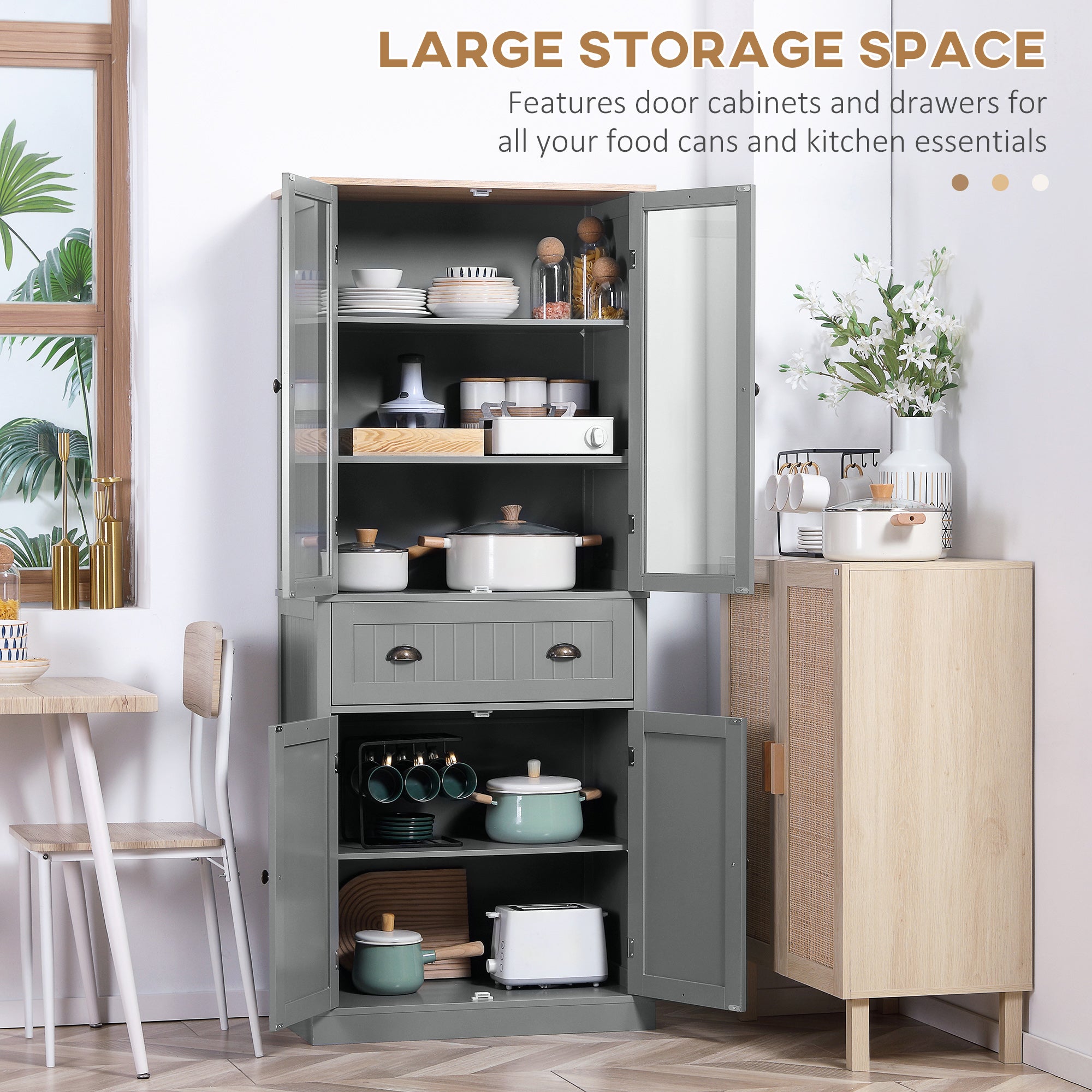180cm Tall Kitchen Pantry Cupboard, Freestanding Storage Cabinet with 5 Tier, Adjustable Shelves, Drawer, Grey
