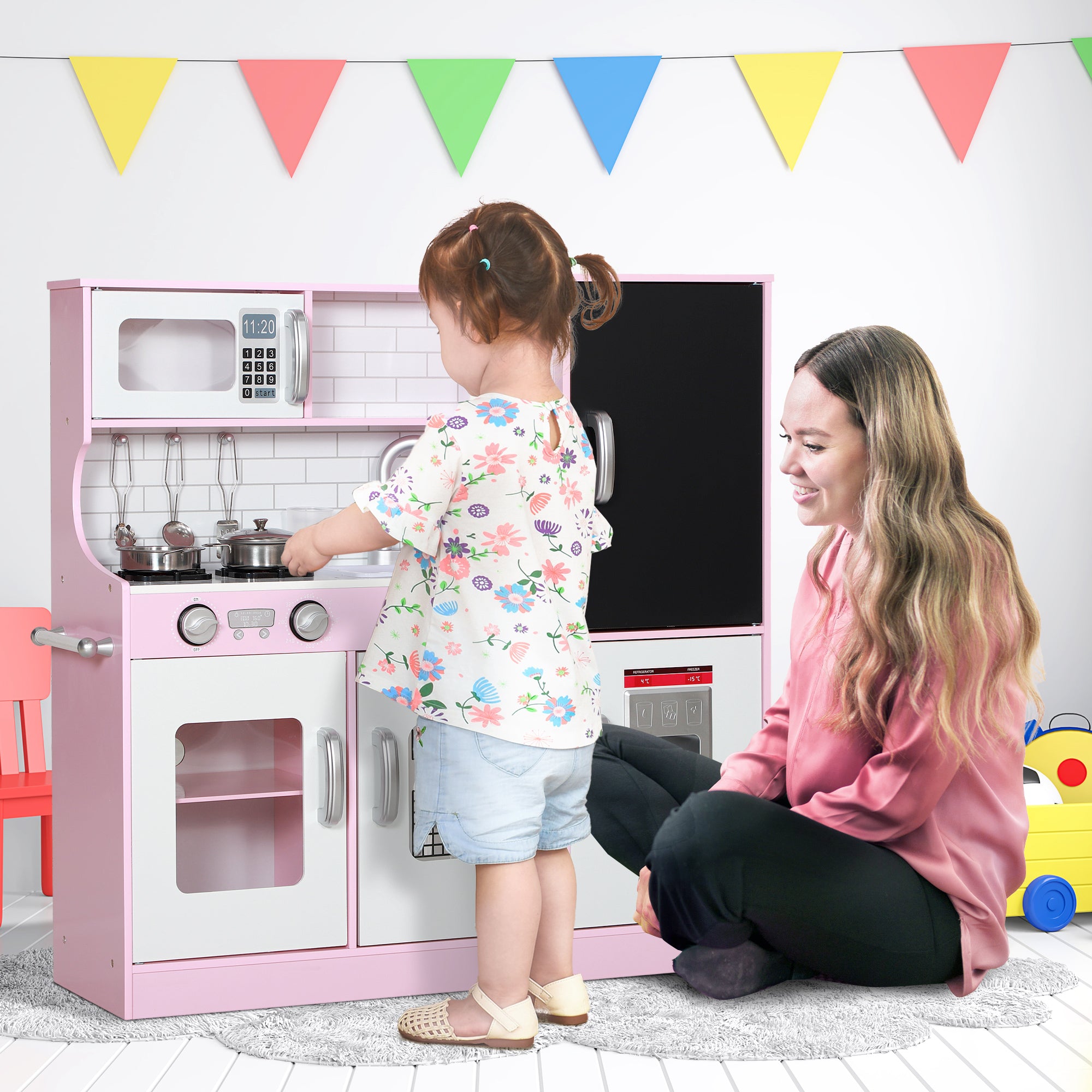 Pretend Play Kitchen Kids Kitchen Playset w/ Toy Phone, Chalkboard, Microwave, Cooking Stove, Sink