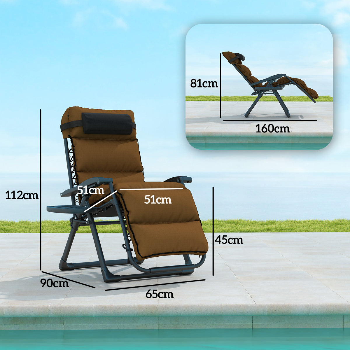 Set of 2 Reclining Sun Loungers with Cushions and Side Trays - Brown Steel Frame