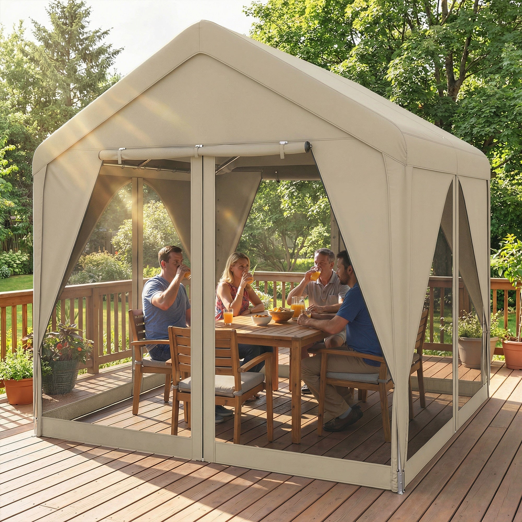 3 x 3 m Patio Gazebo with Netting & Curtains, Outdoor Canopy Shelter with Galvanised Steel Frame, Khaki